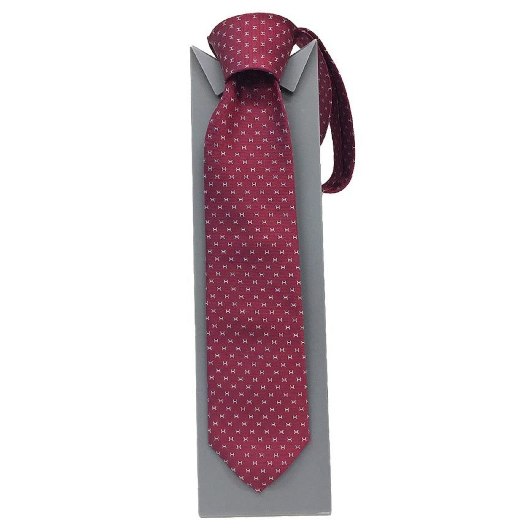 Hermes Tie H Pattern CRAVATE SOIE LOURDE T FINE 04 ROUGE FONCE/CIEL/ORAN Silk Jacquard Weave