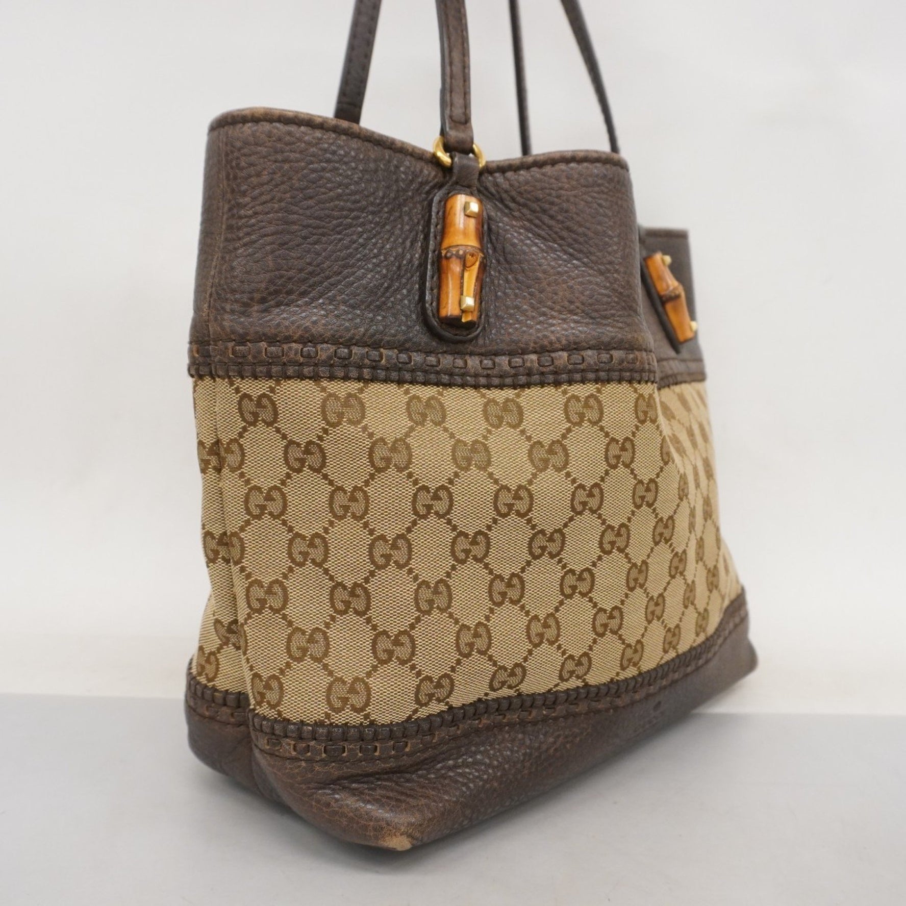 Gucci GG Canvas Bamboo Tote Bag Brown Beige