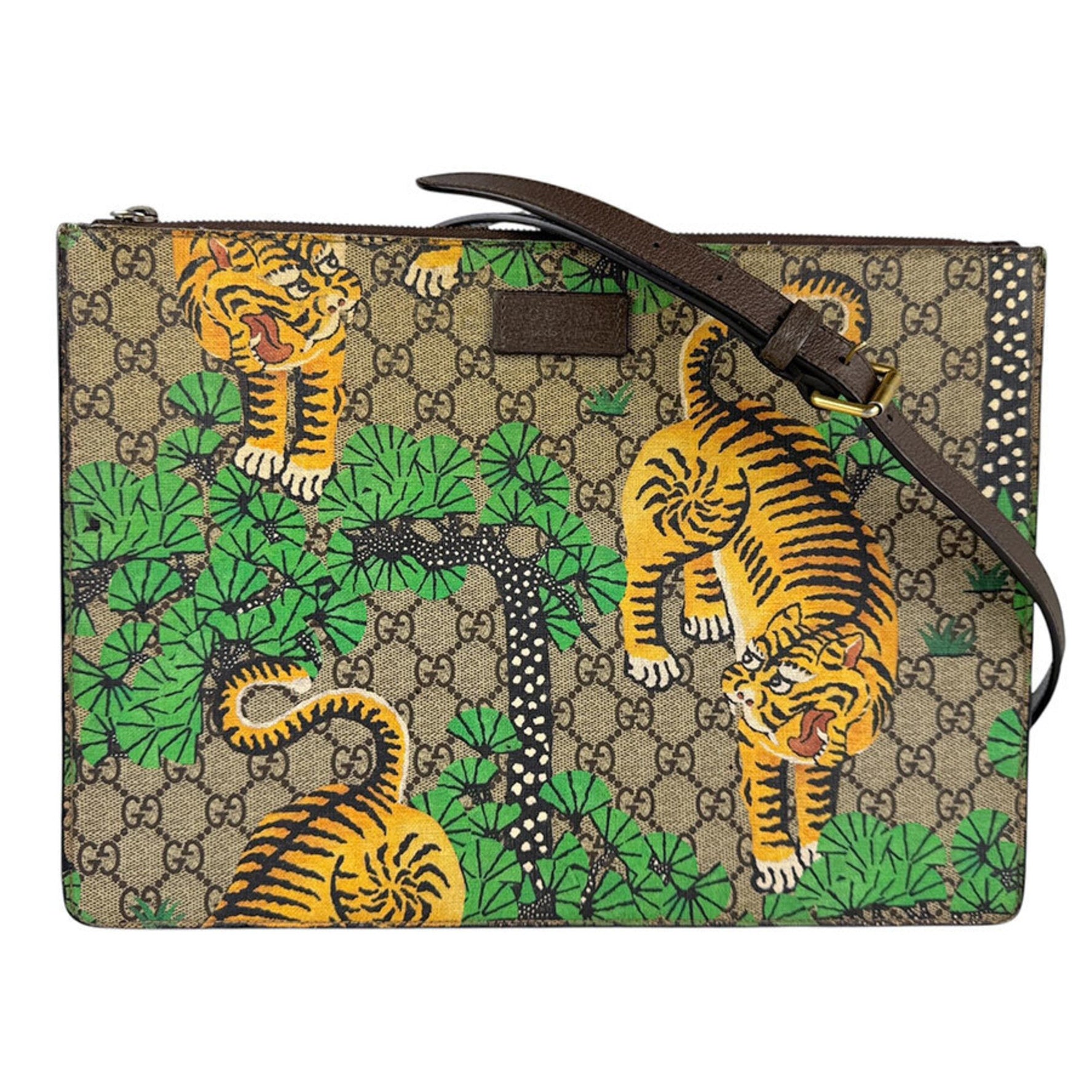 Gucci Men's GG Supreme Canvas Shoulder Bag/Clutch Bag in Brown, Green, and Yellow (Product Code: z6593)