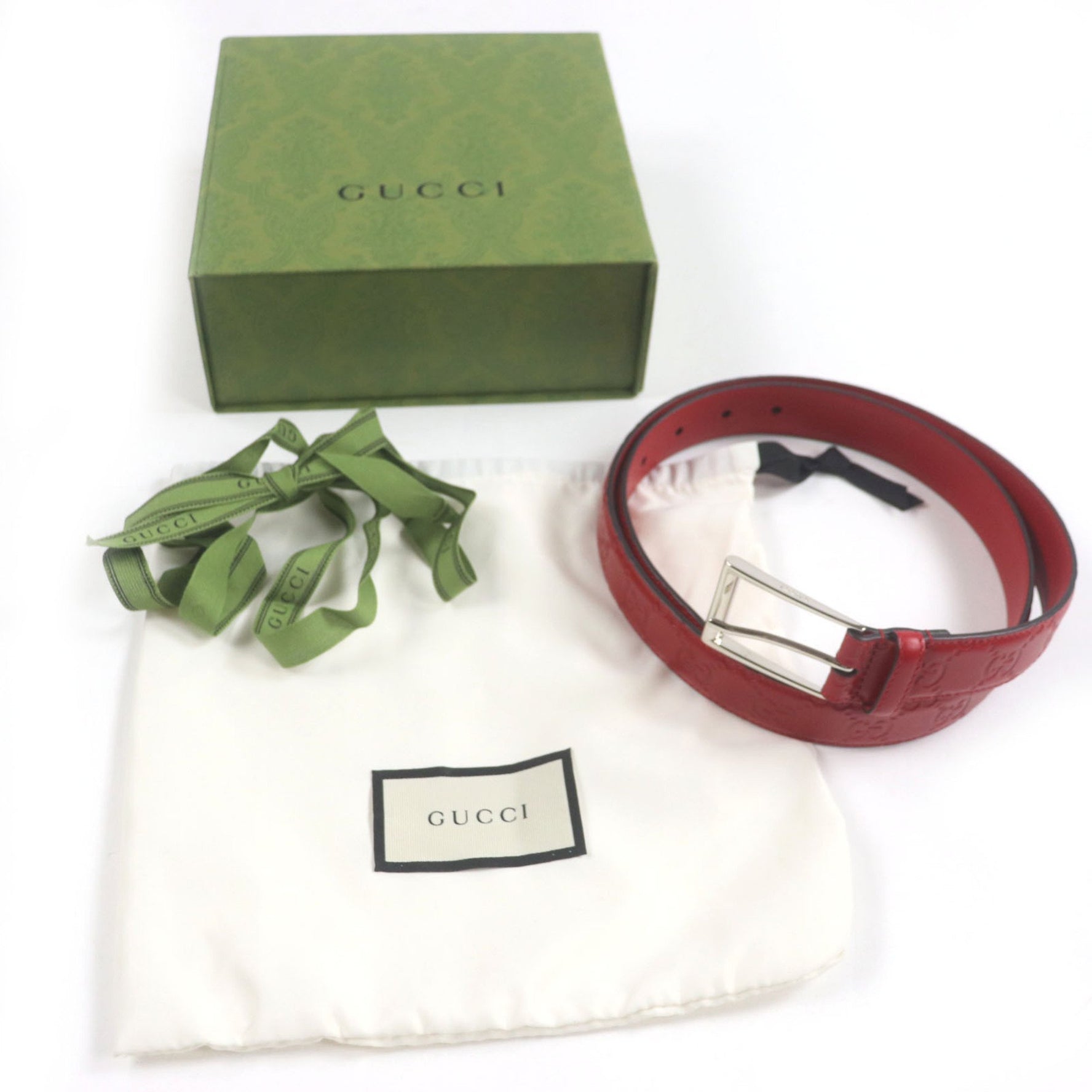 GUCCI Shima Square Buckle and Pin Leather Belt, Red with Silver Hardware, Size 90/36, Made in Italy, Includes Box Dust Bag