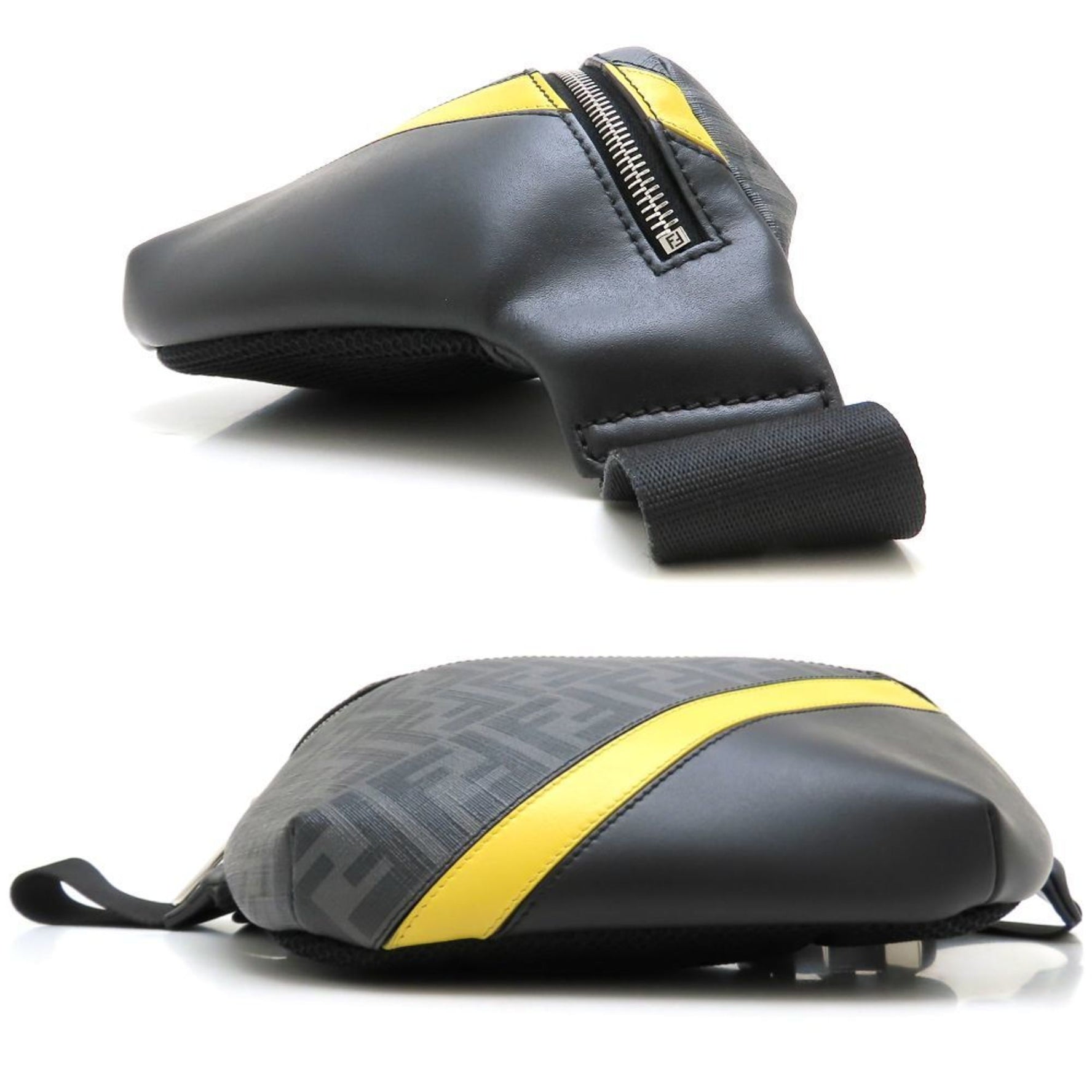 FENDI Diagonal Belt Bag Body Coated Canvas x Calfskin Black Gray Yellow