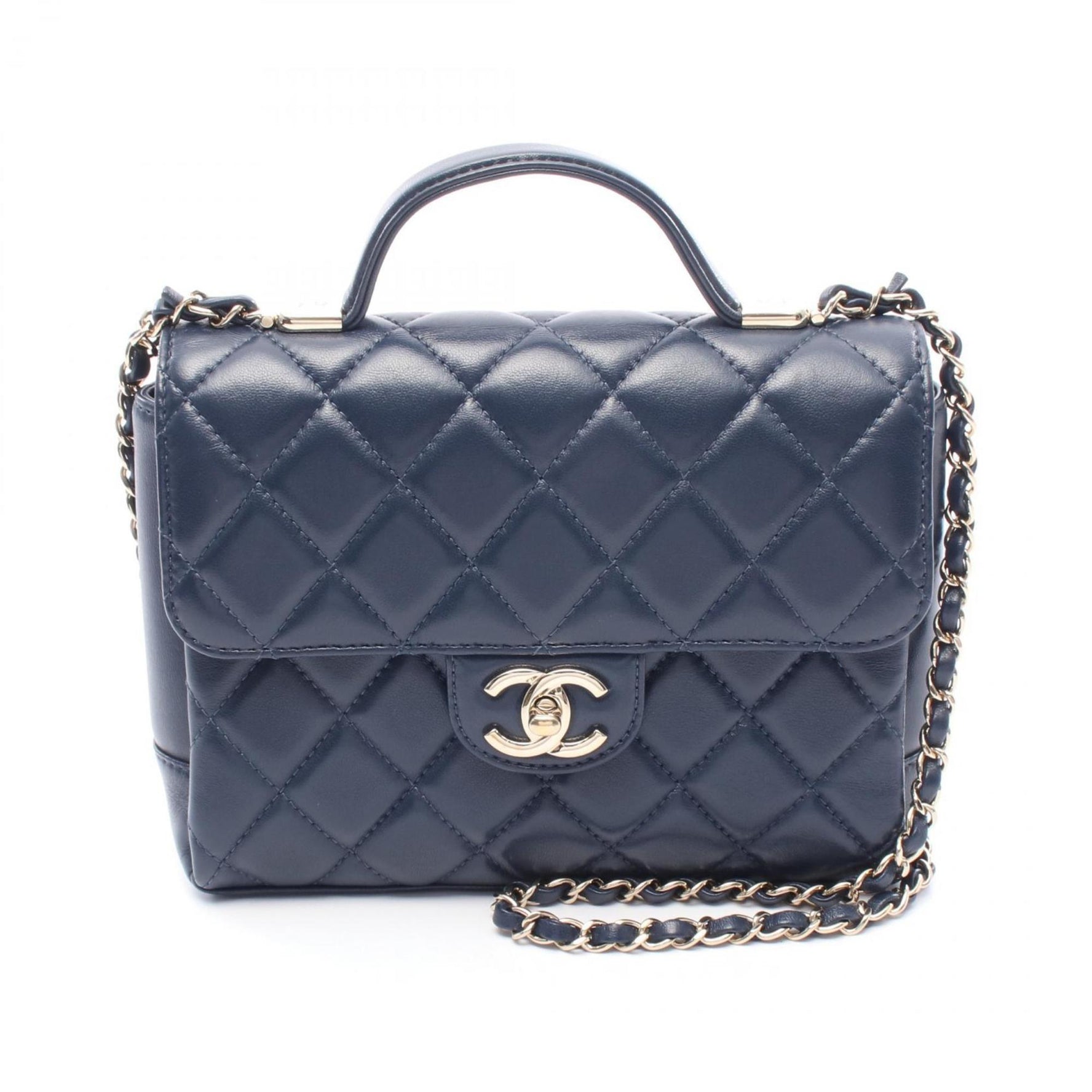 CHANEL Matelasse Top Handle Shoulder Bag in Lambskin, Navy Blue, AS5112