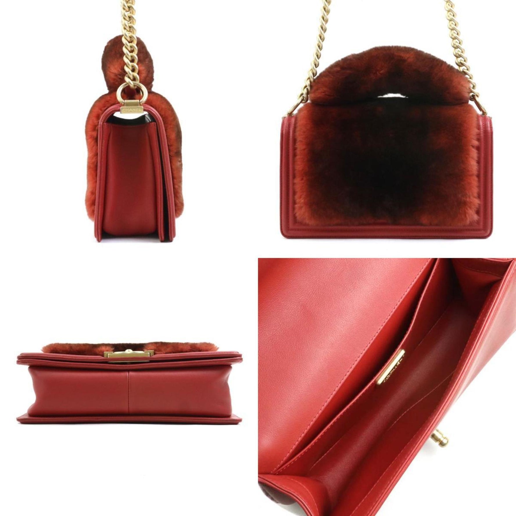 CHANEL Handbag Shoulder Bag Boy Fur Leather Brown Red Gold