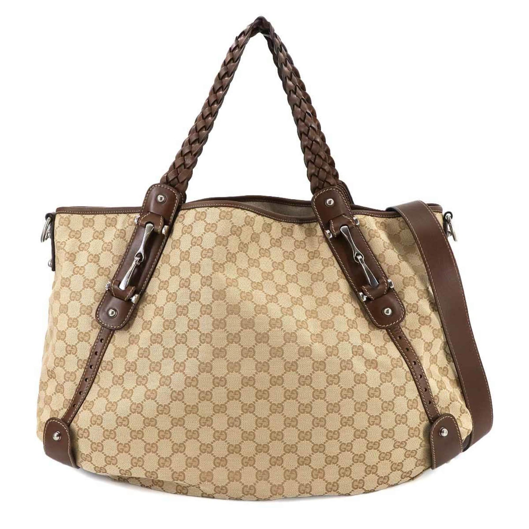 Gucci Horsebit 2-way Tote/Shoulder Bag in GG Canvas and Leather (Beige/Brown) with Gold Hardware (174310)