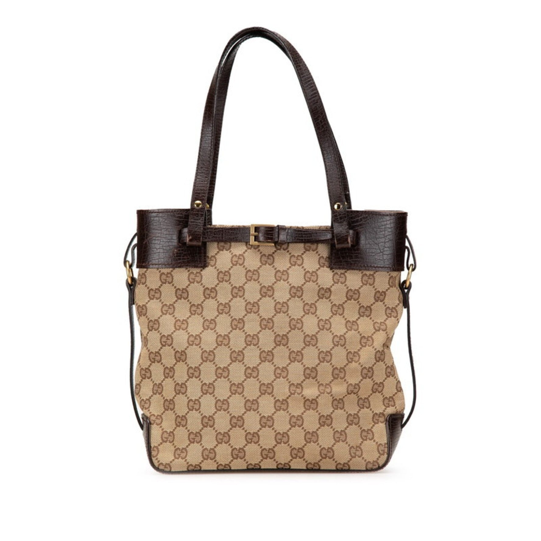 Gucci GG Canvas Tote Bag Handbag Beige Brown Leather