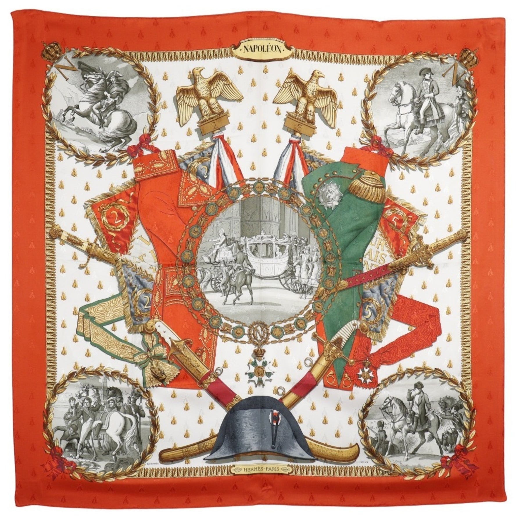 Hermes Carree90 Scarf Muffler NAPOLEON Silk White/Orange Women's