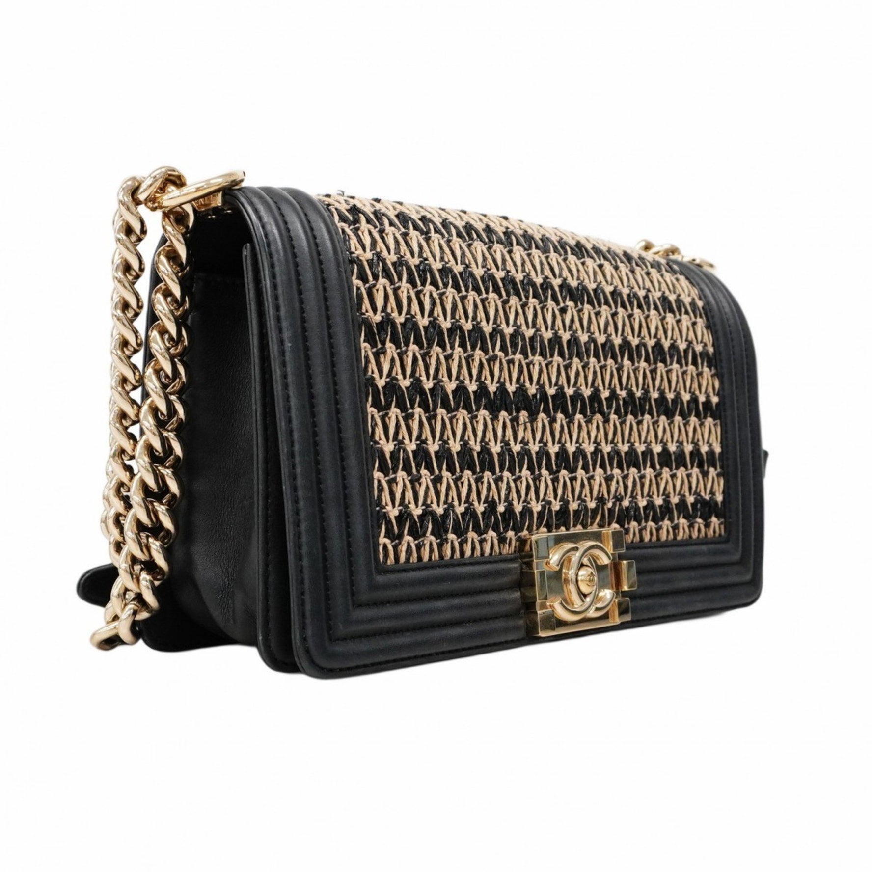 Chanel Shoulder Bag Boy Chain Lambskin Straw