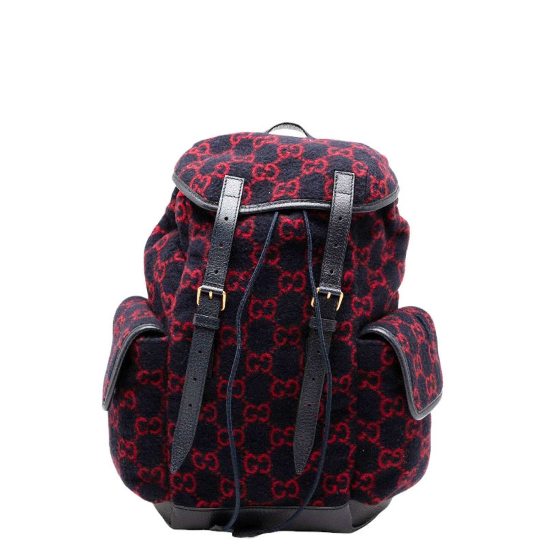 Gucci GG Wool Backpack Navy Red Leather