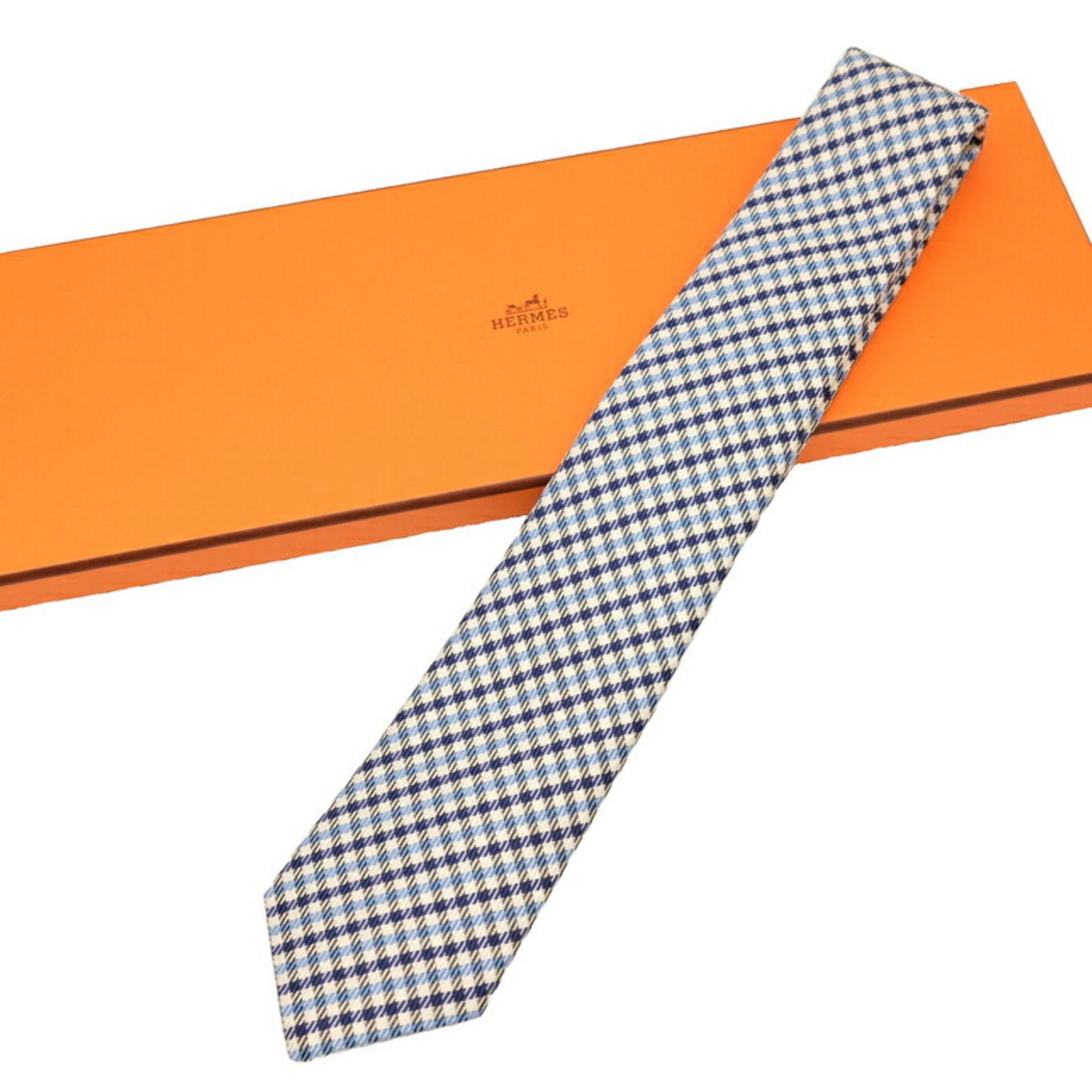 HERMES Hermes tie blue white check silk