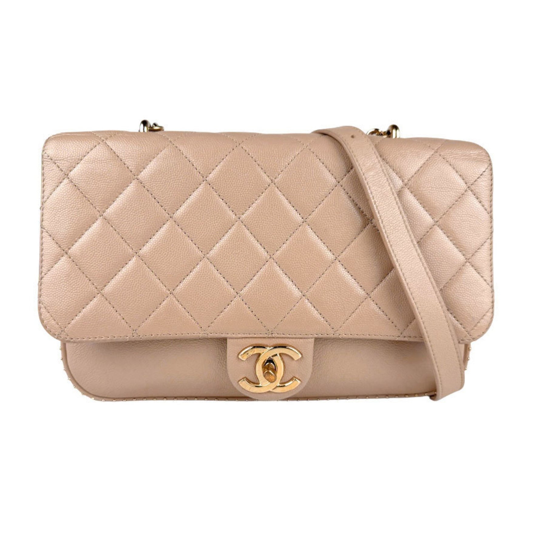 CHANEL Matelasse Caviar Leather Shoulder Bag in Greige and Gold