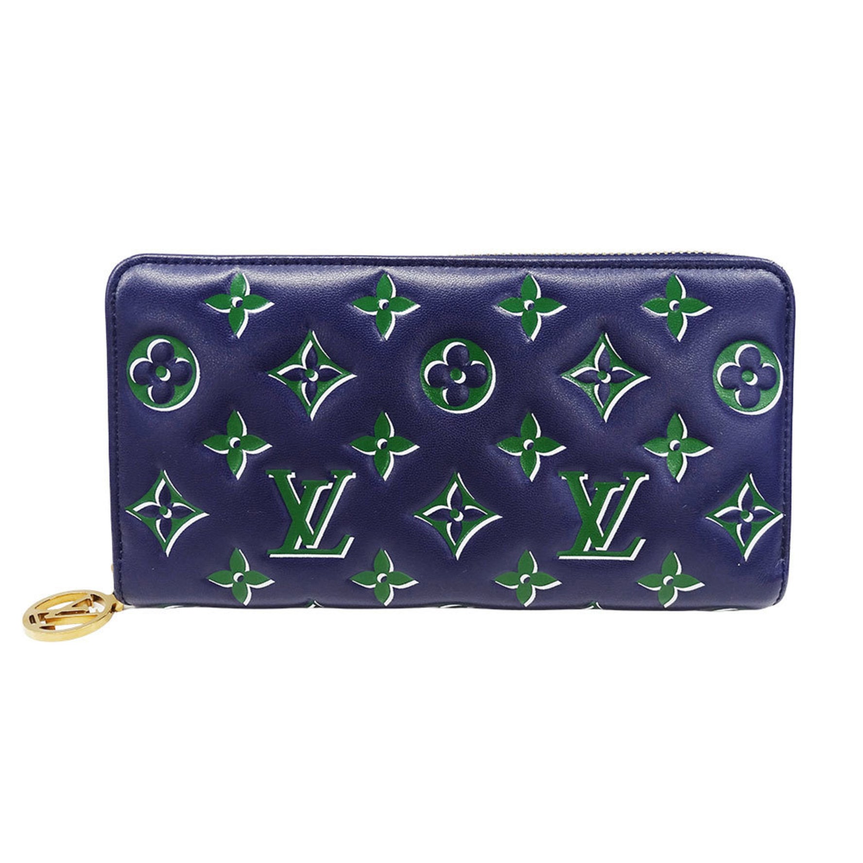 Louis Vuitton LOUIS VUITTON wallet and men, brand long wallet, lambskin Coussin Zippy Wallet, navy green, round zipper, large size