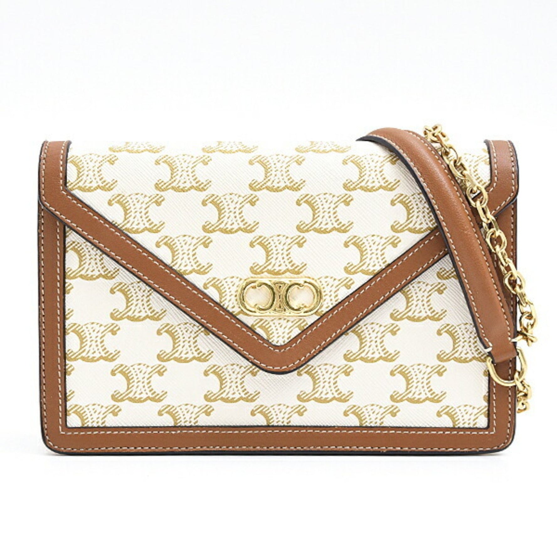Celine Triomphe Chain Shoulder Wallet Purse Pochette Off-White Brown