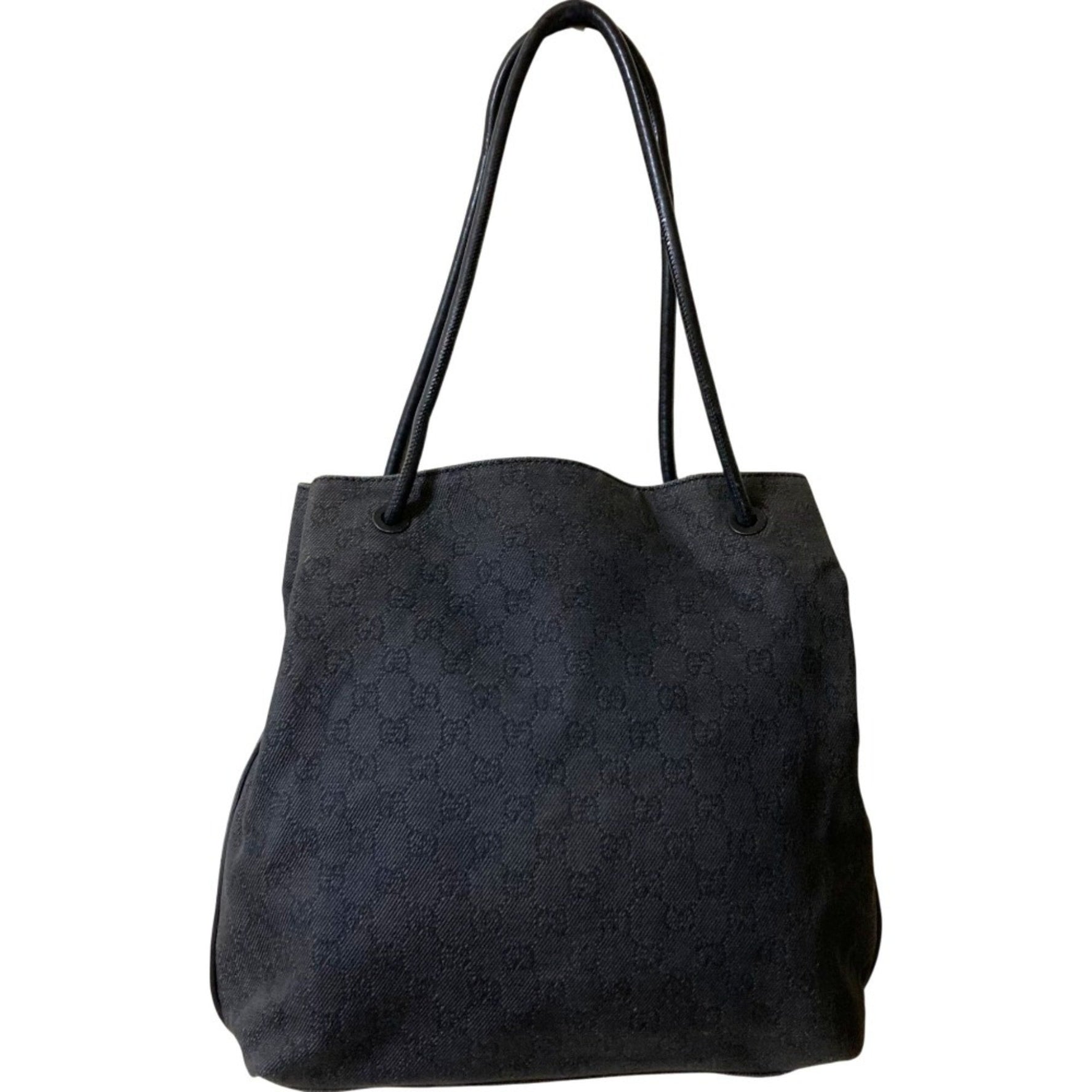 GUCCI GG Denim Canvas Tote Bag with Leather Handles, Gray