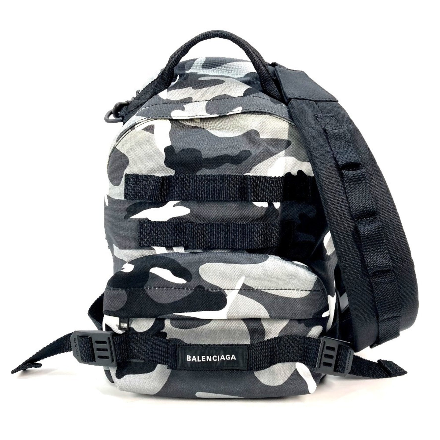 BALENCIAGA Camouflage Army Backpack/Shoulder Bag, Canvas Rucksack, Men's, Gray/Black