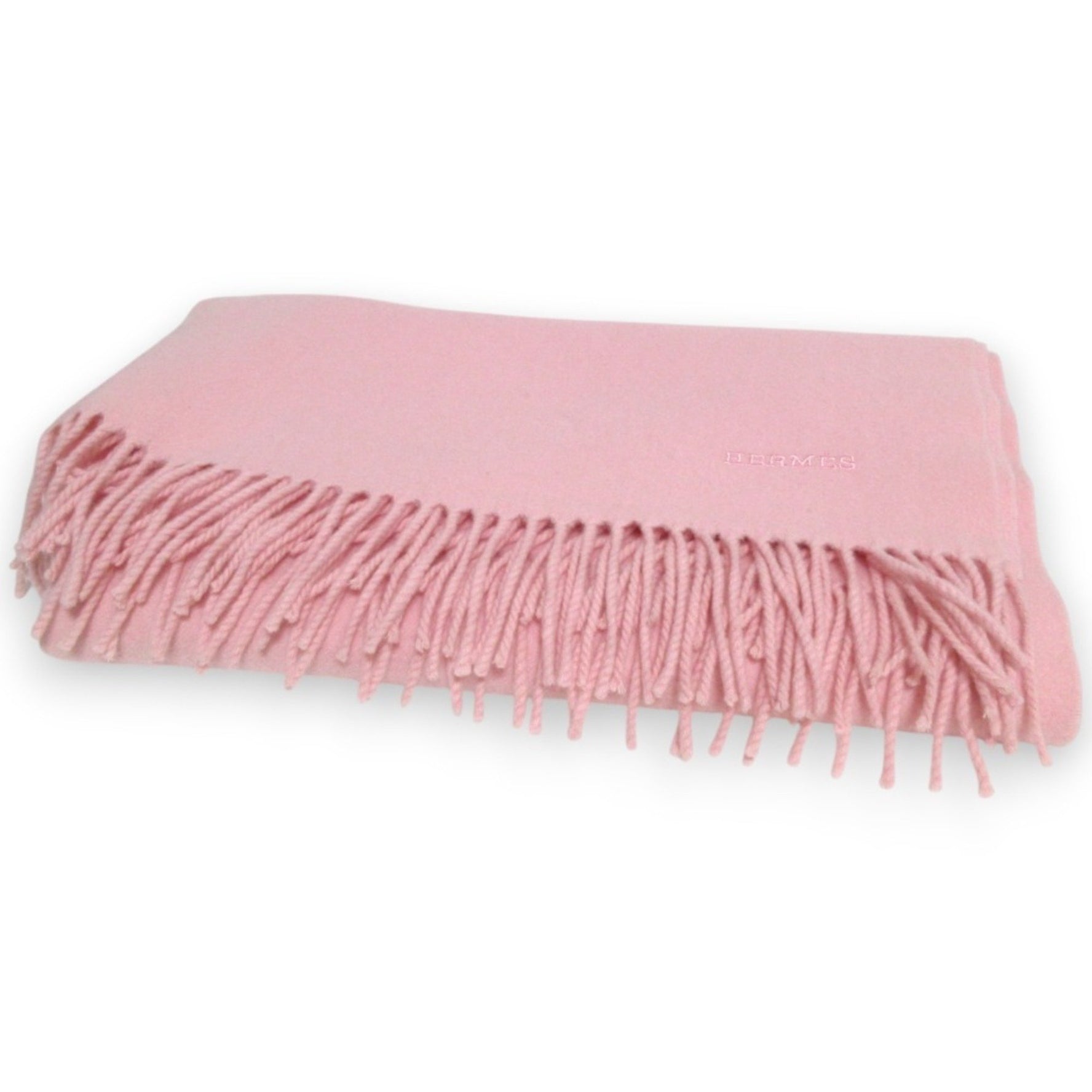 HERMES 100% Cashmere Logo Embroidered Fringe Large Scarf, Pink, Women's