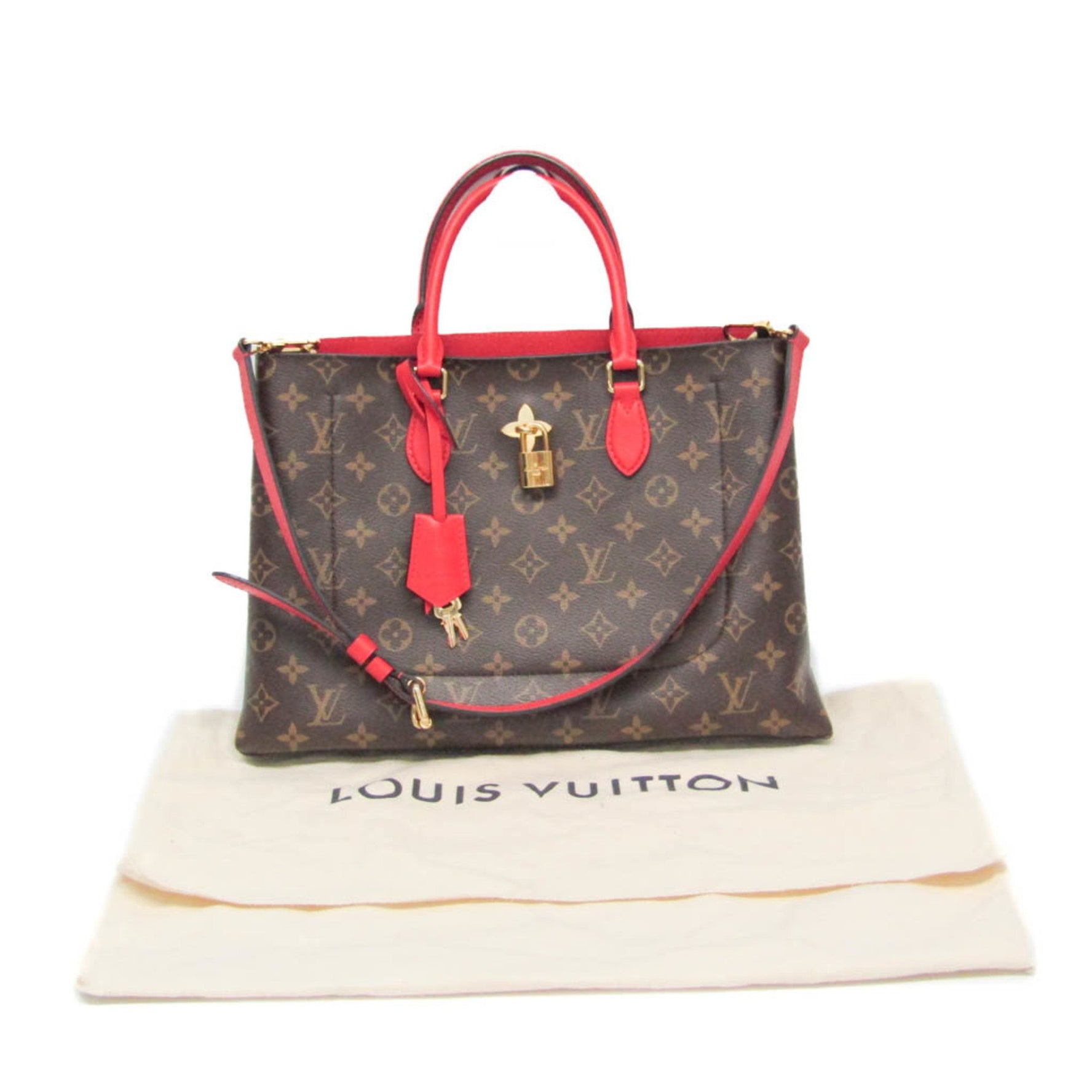 Louis Vuitton Monogram Flower Tote Bag Handbag,Shoulder Bag Brown,Red Color