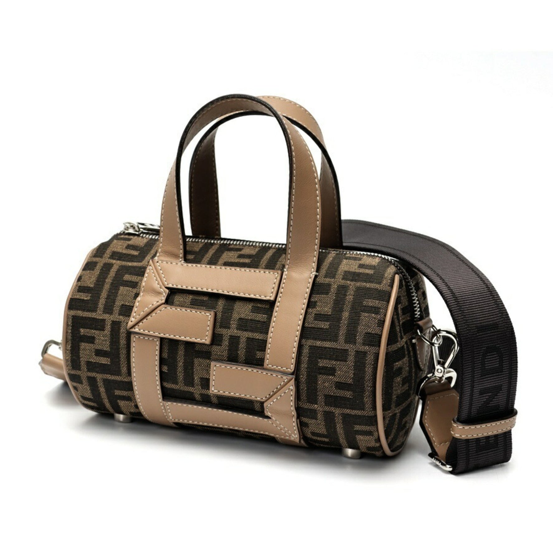 FENDI Zucca Small Boston Bag Shoulder Canvas Leather Brown Greige