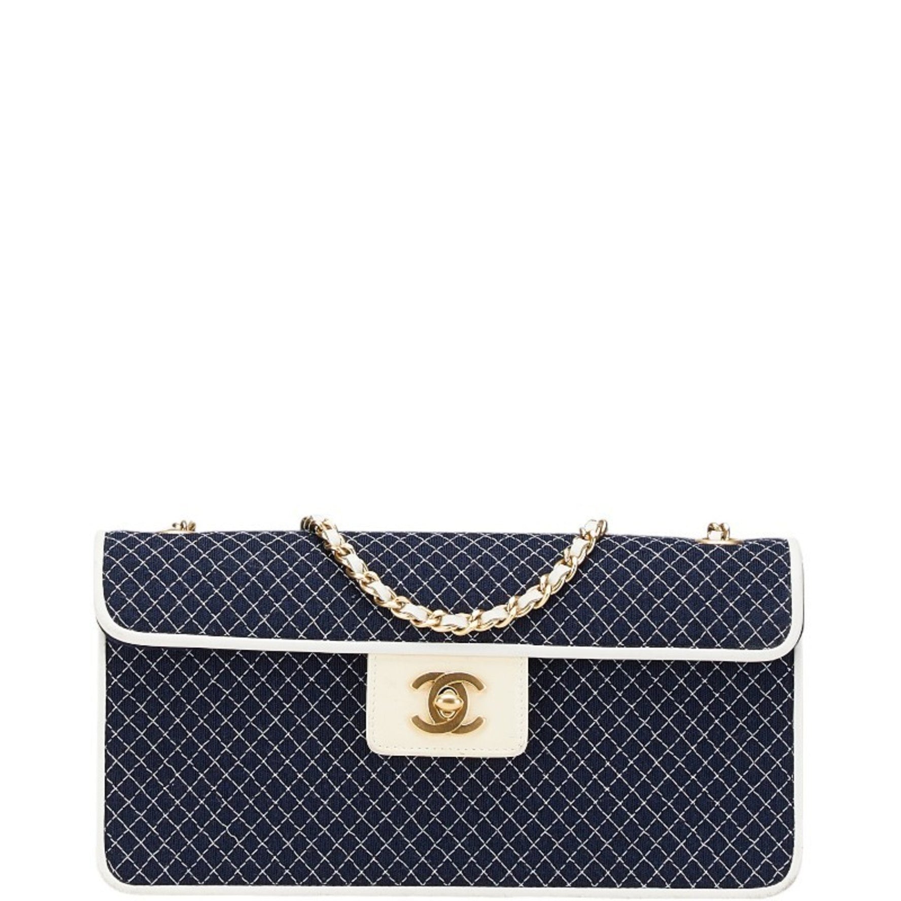 Chanel Coco Mark Quilted Chain Mini Shoulder Bag in Navy and White Canvas Patent Leather.