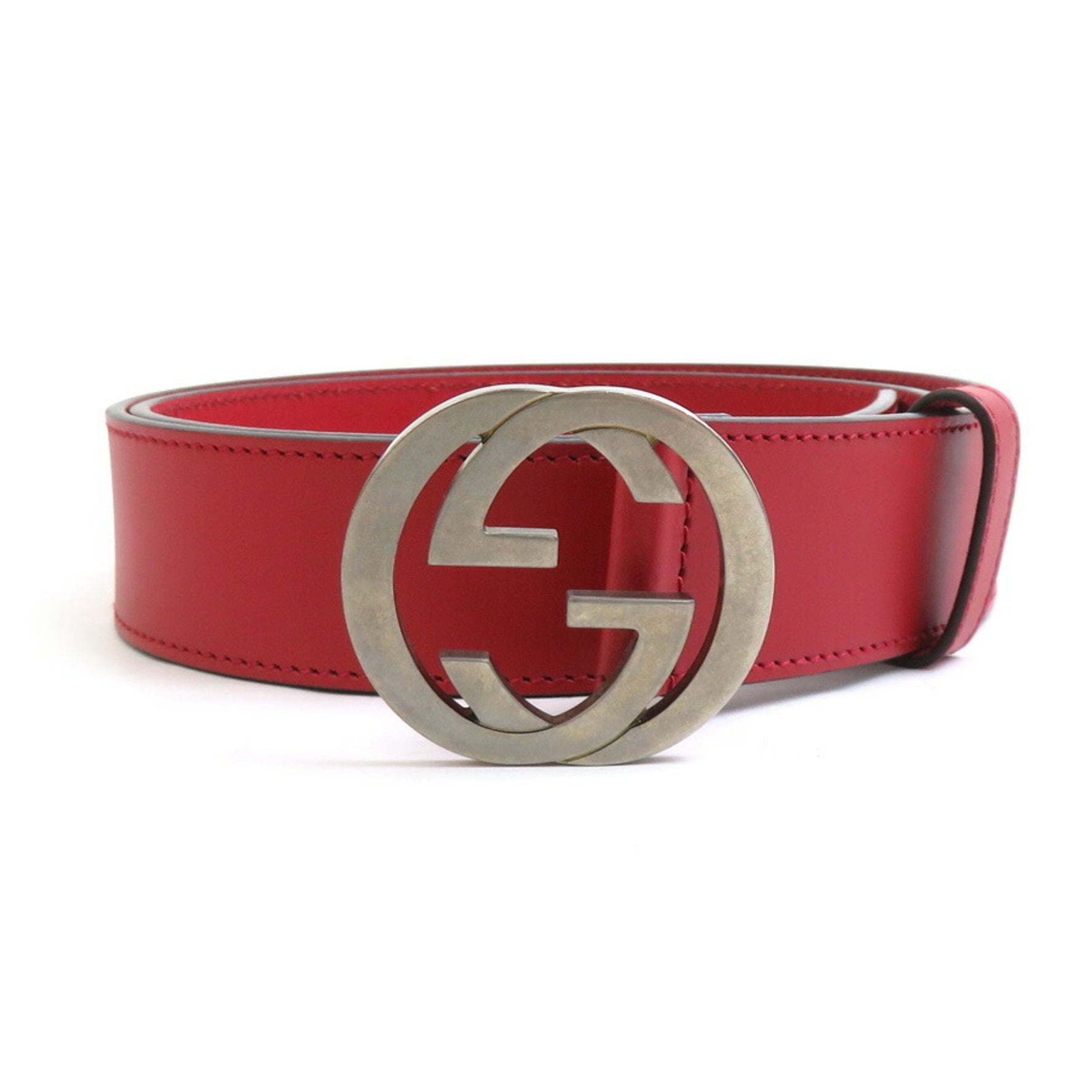 GUCCI Belt Interlocking G Leather Metal Red Silver