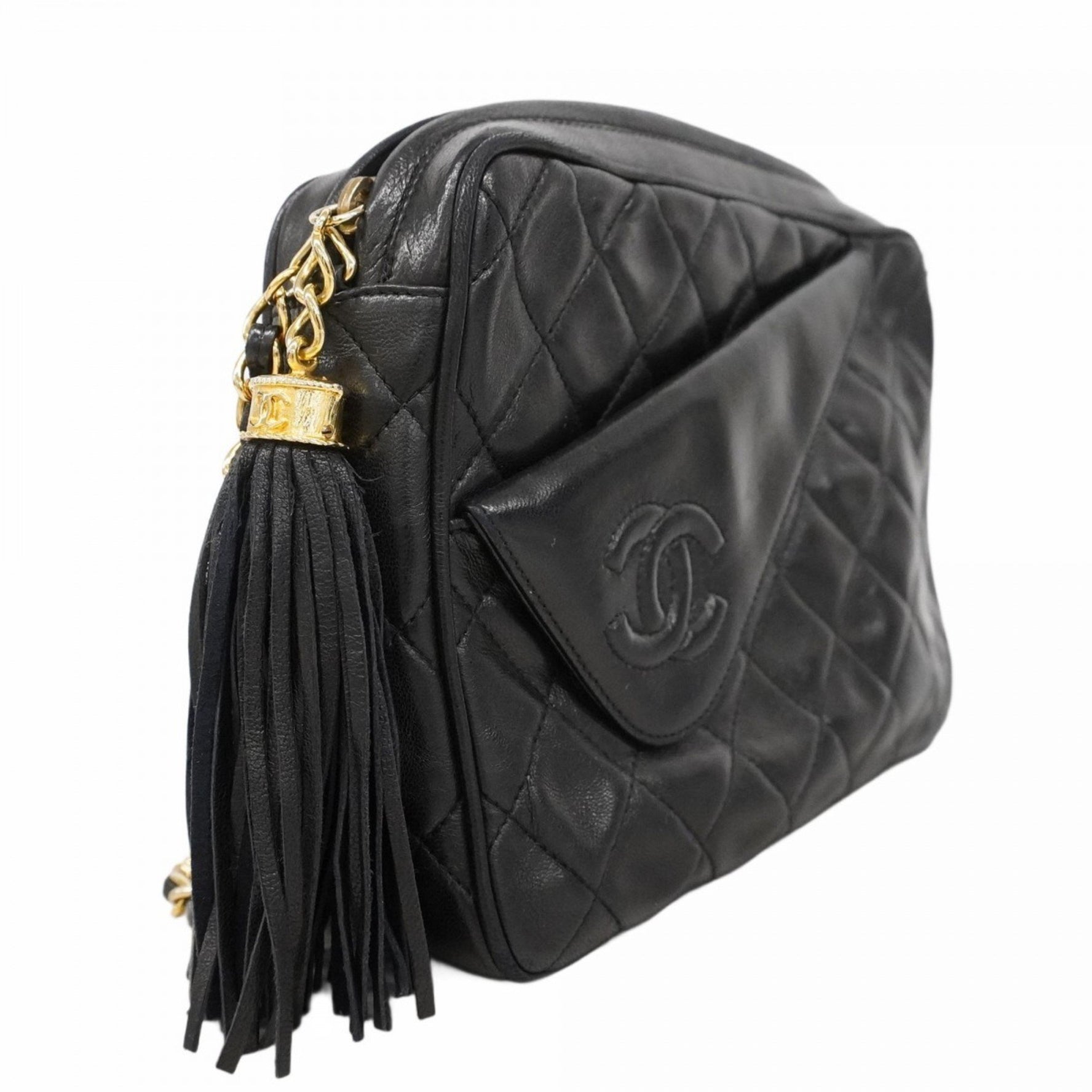 Chanel Shoulder Bag with Matelasse Chain Bag, Lambskin, Black, Women's