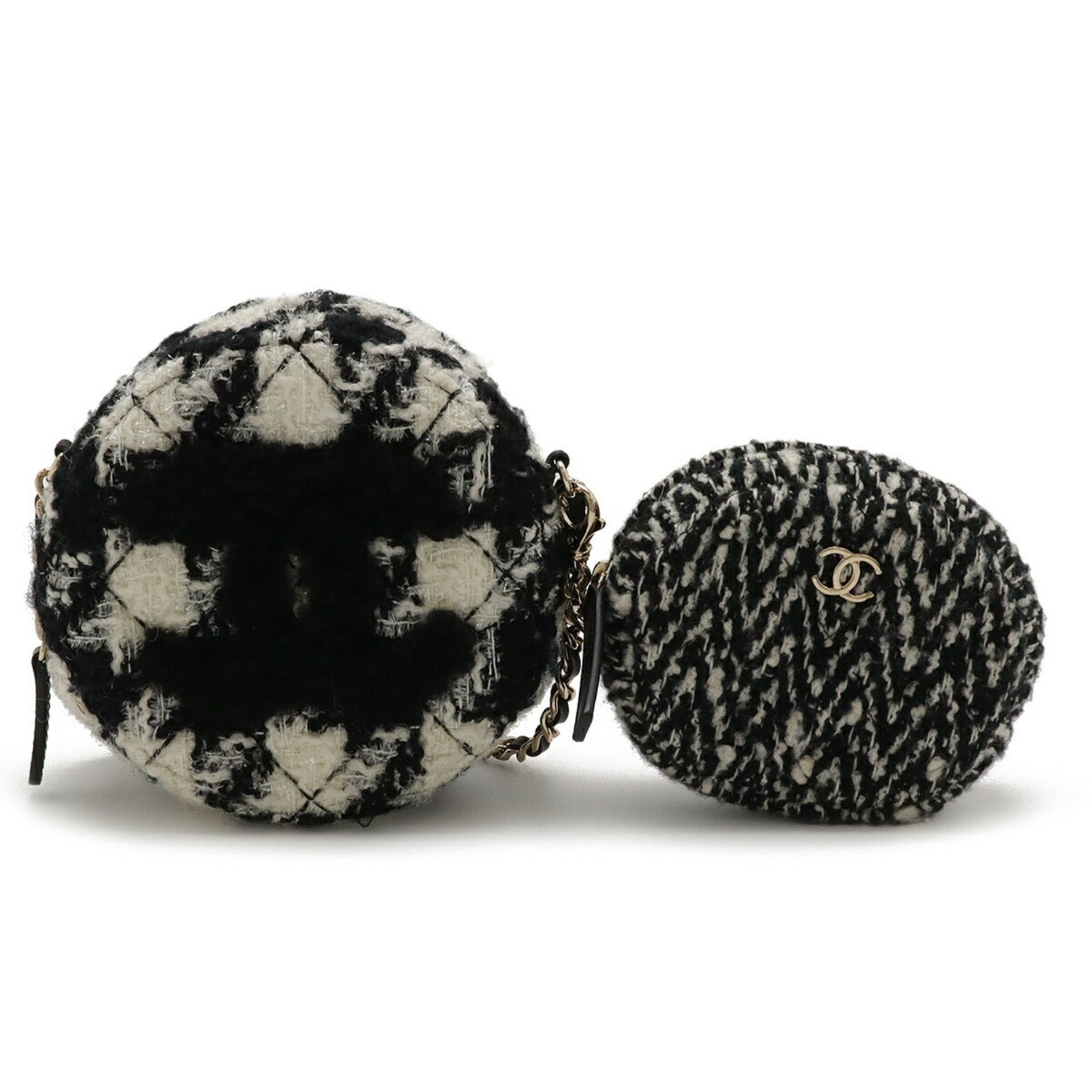 CHANEL Round Chain Shoulder Pochette in Houndstooth Tweed with Boa, Ivory and Black