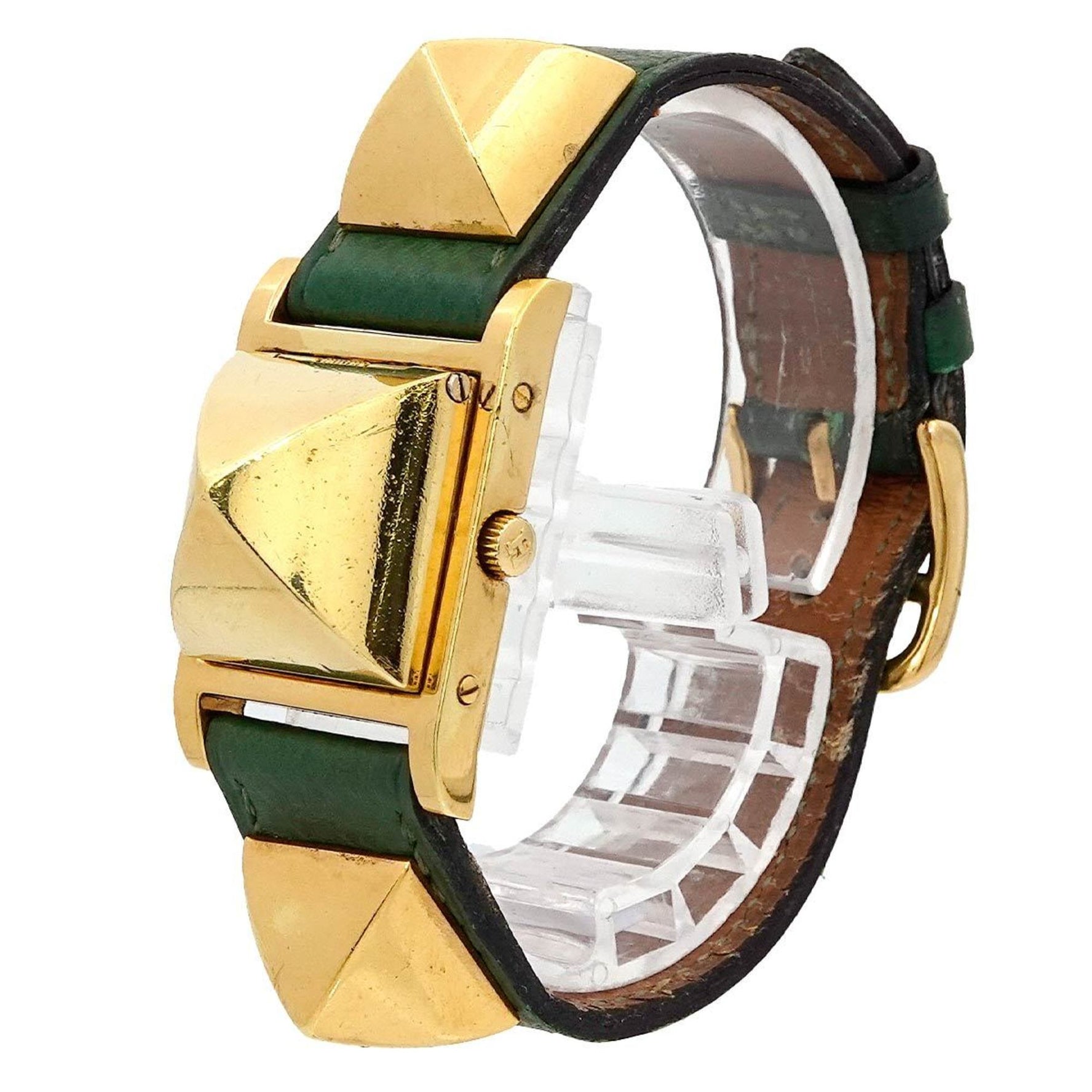 Hermes HERMES Medor Ladies Watch Pyramid Gold Studs White Green Leather Quartz