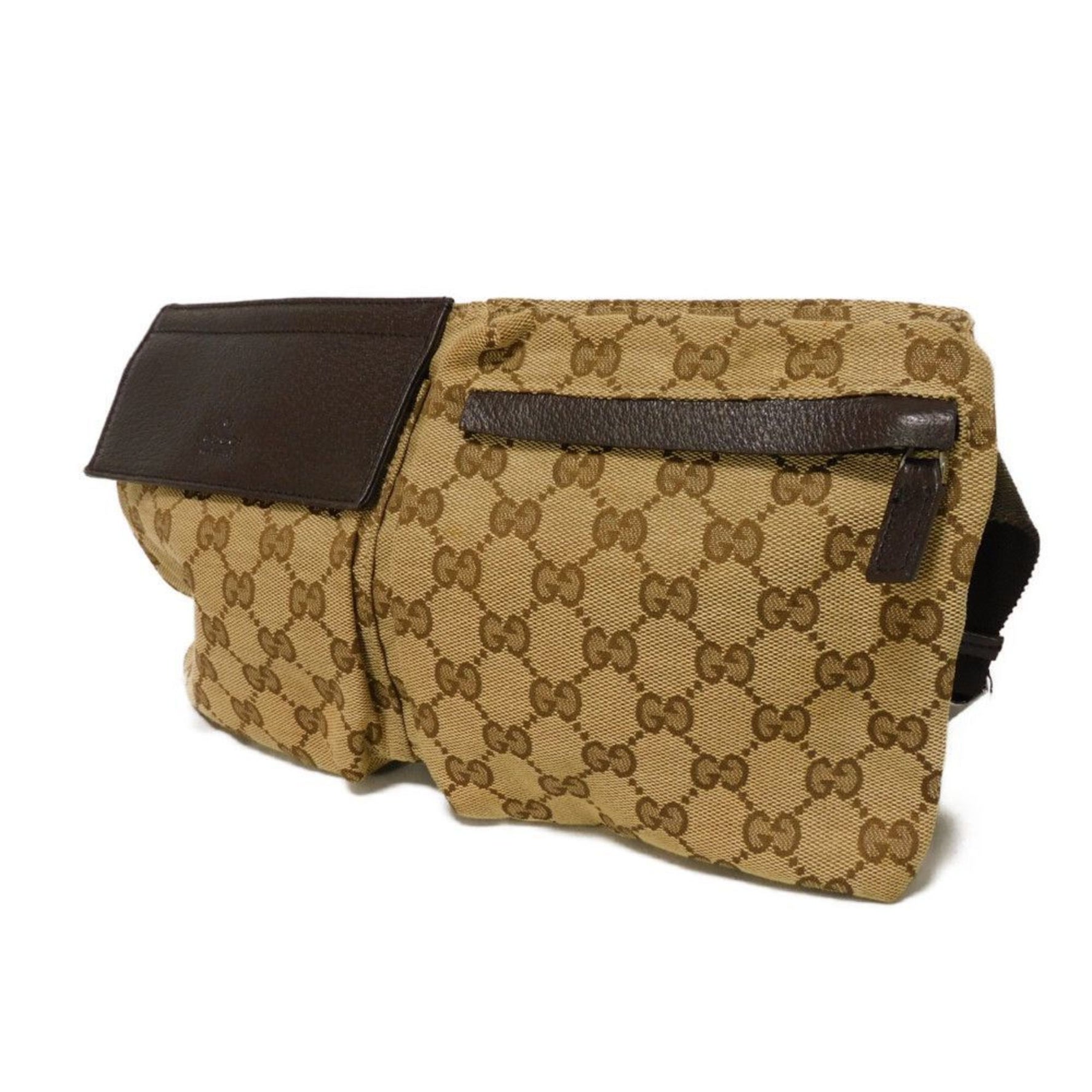 Gucci GG Canvas Waist Bag, Brown Calfskin, Embossed