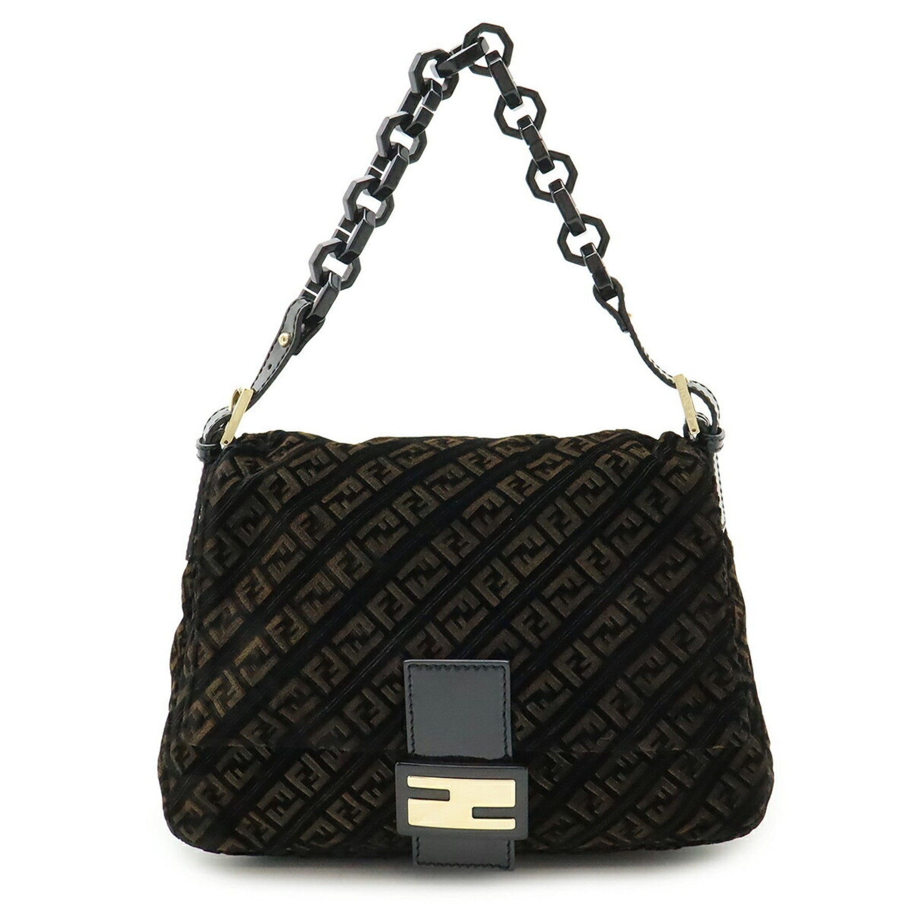 FENDI Zucchino Print Mamma Bucket Shoulder Bag in Velvet and Patent Leather, Black Brown