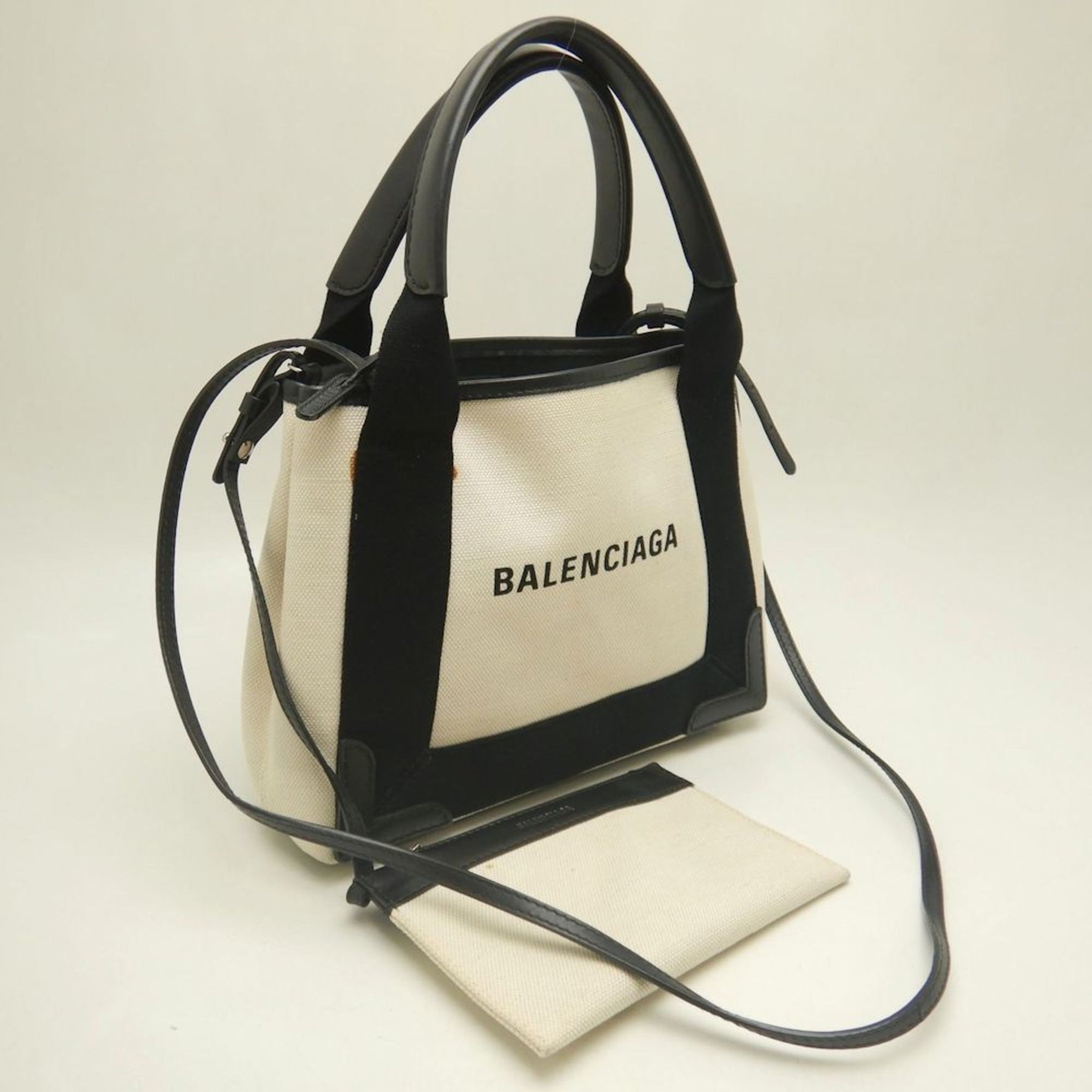 BALENCIAGA Navy Cabas XS Tote Bag Canvas and Leather, Ivory Black
