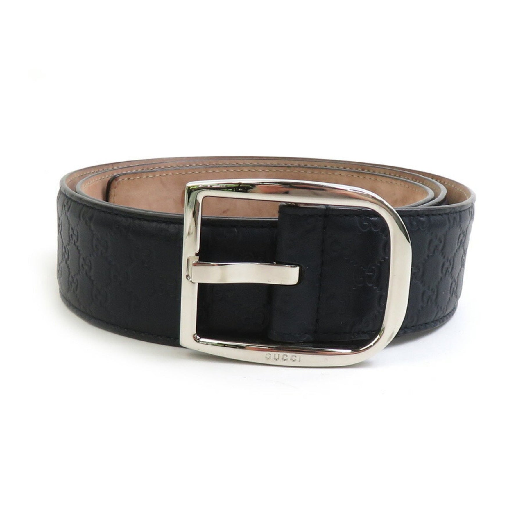 GUCCI Belt Micro Guccissima Leather Metal Navy Silver