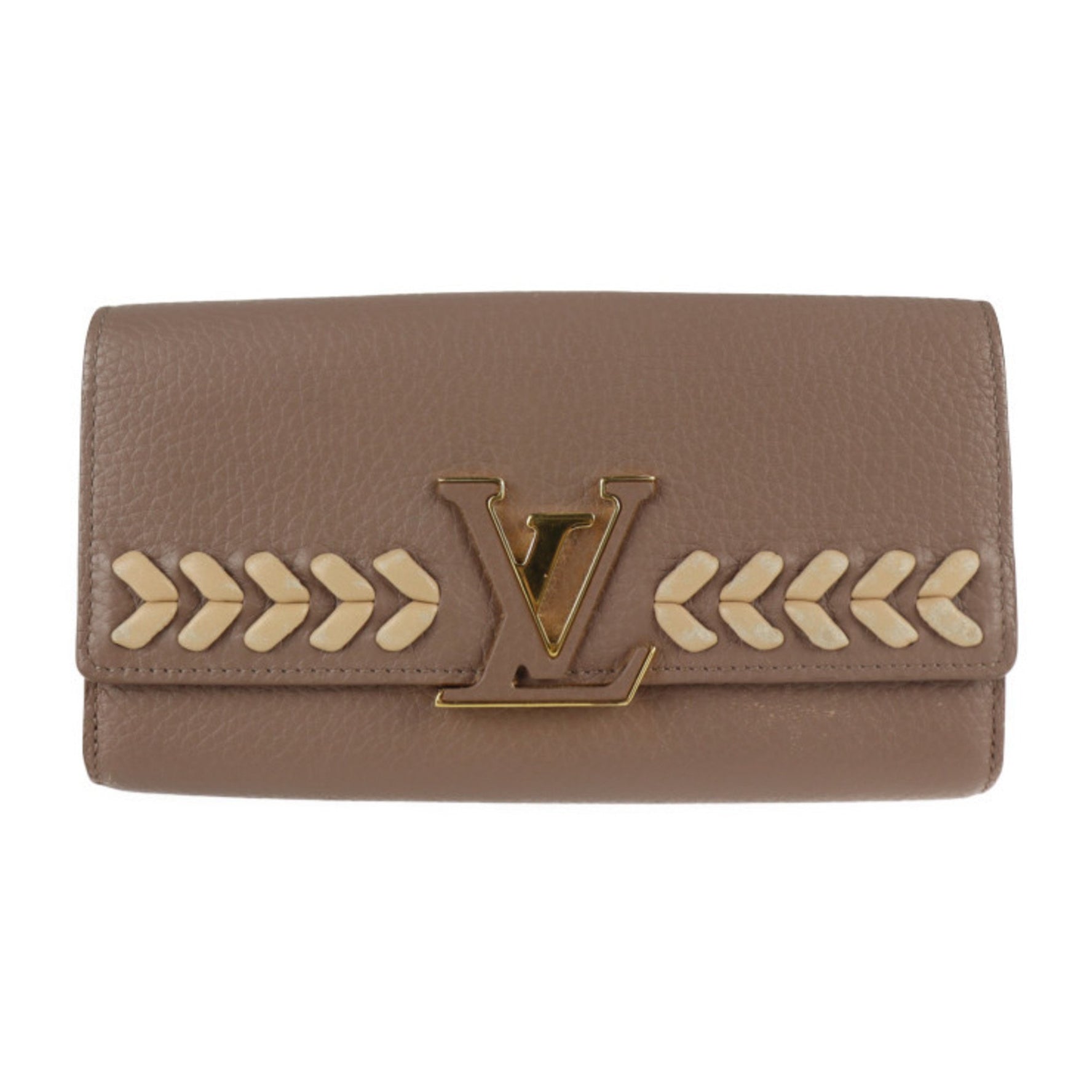 Louis Vuitton Portefeuille Capucines Parnacea Long Wallet Taurillon Leather Taupe LV Logo Beige Gold Metal Fitting Genuine