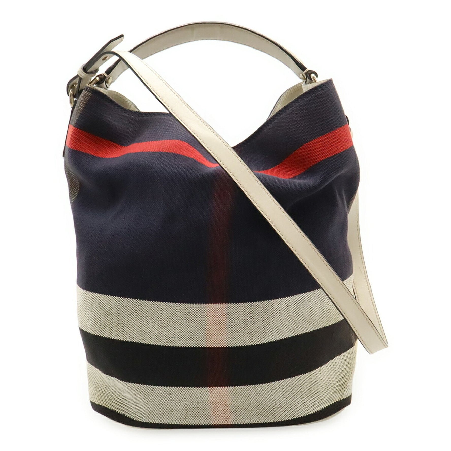 BURBERRY Check Pattern Tote Bag Shoulder Canvas Leather White Black Red