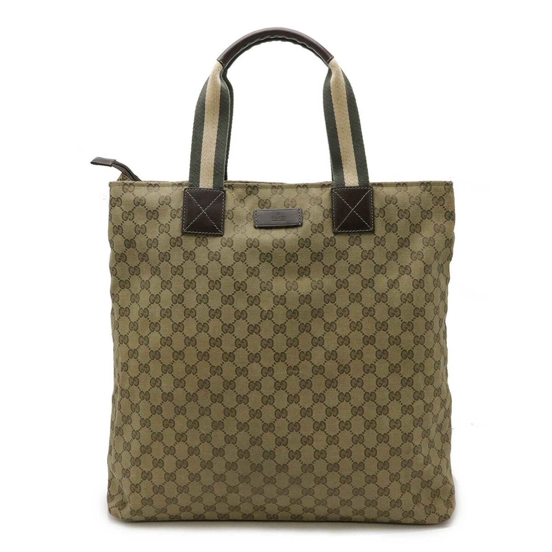 GUCCI GG Canvas Sherry Line Tote Bag Large Leather Light Khaki Green Dark Brown Beige