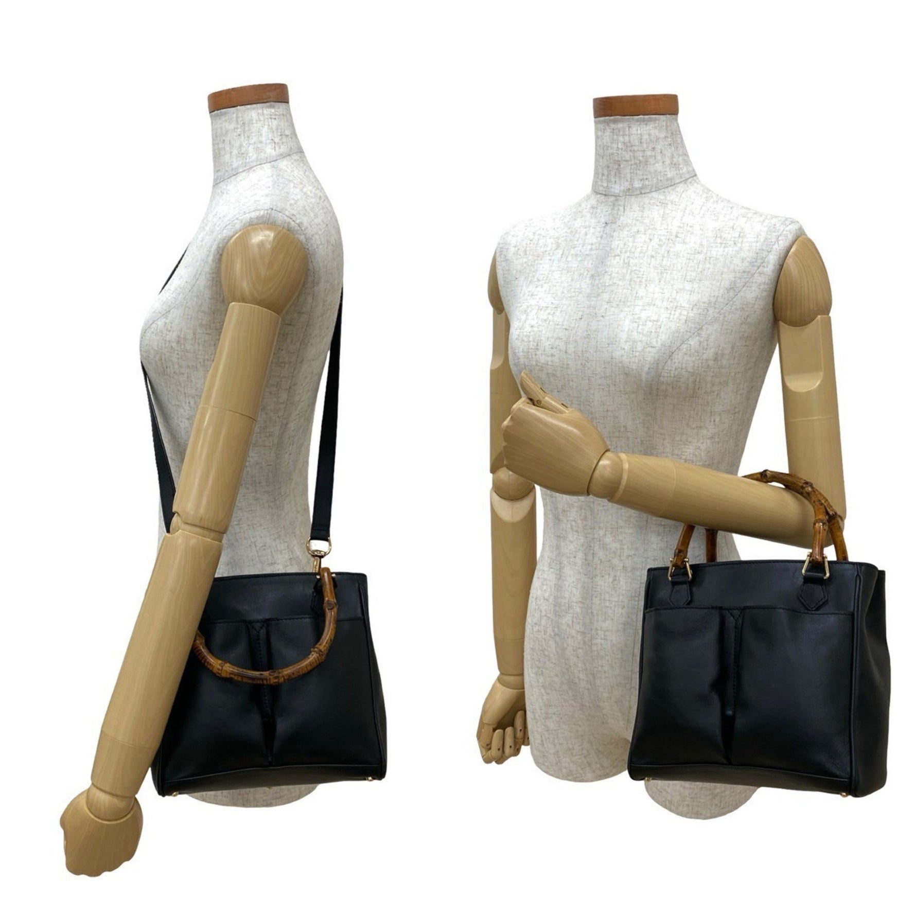 GUCCI Old Gucci Bamboo Leather 2-Way Handbag, Tote Bag, Shoulder Black 837-2