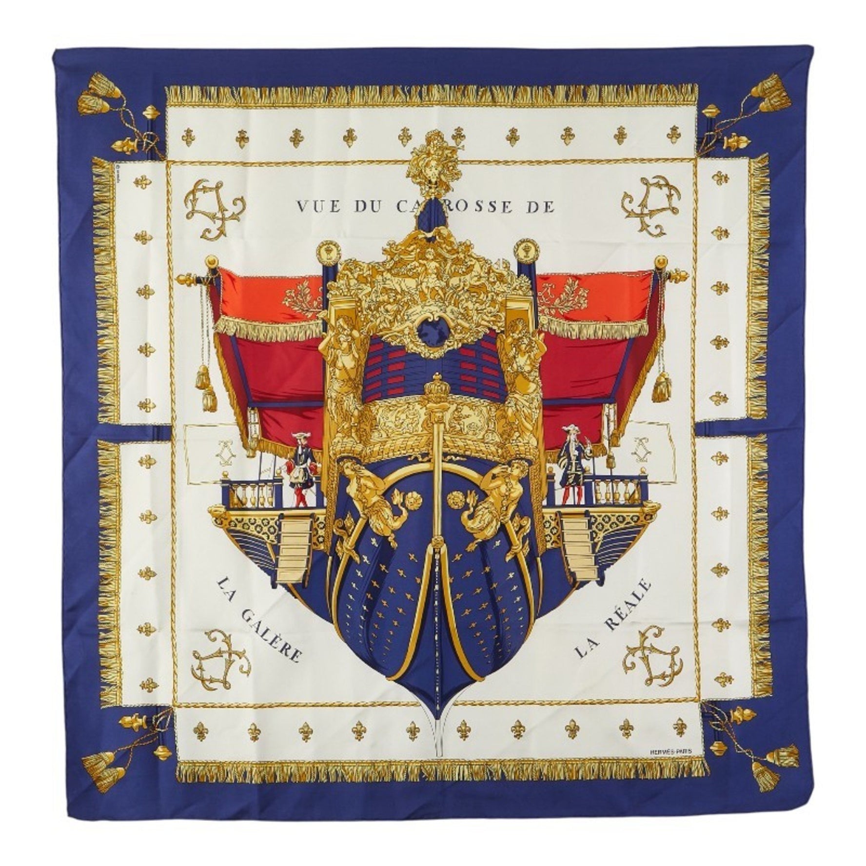 Hermes Hermès Carré 90 "VUE DU CAROSSE DE LA GALERE REALE" Queen's Coronation Scarf, Blue, White, Multicolor, Silk