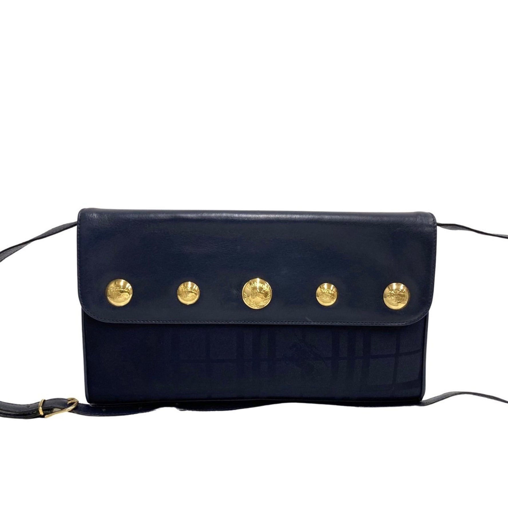 BURBERRYS Nova Check Shadow Horse Metal Fittings Leather Nylon 2way Shoulder Bag Clutch Navy