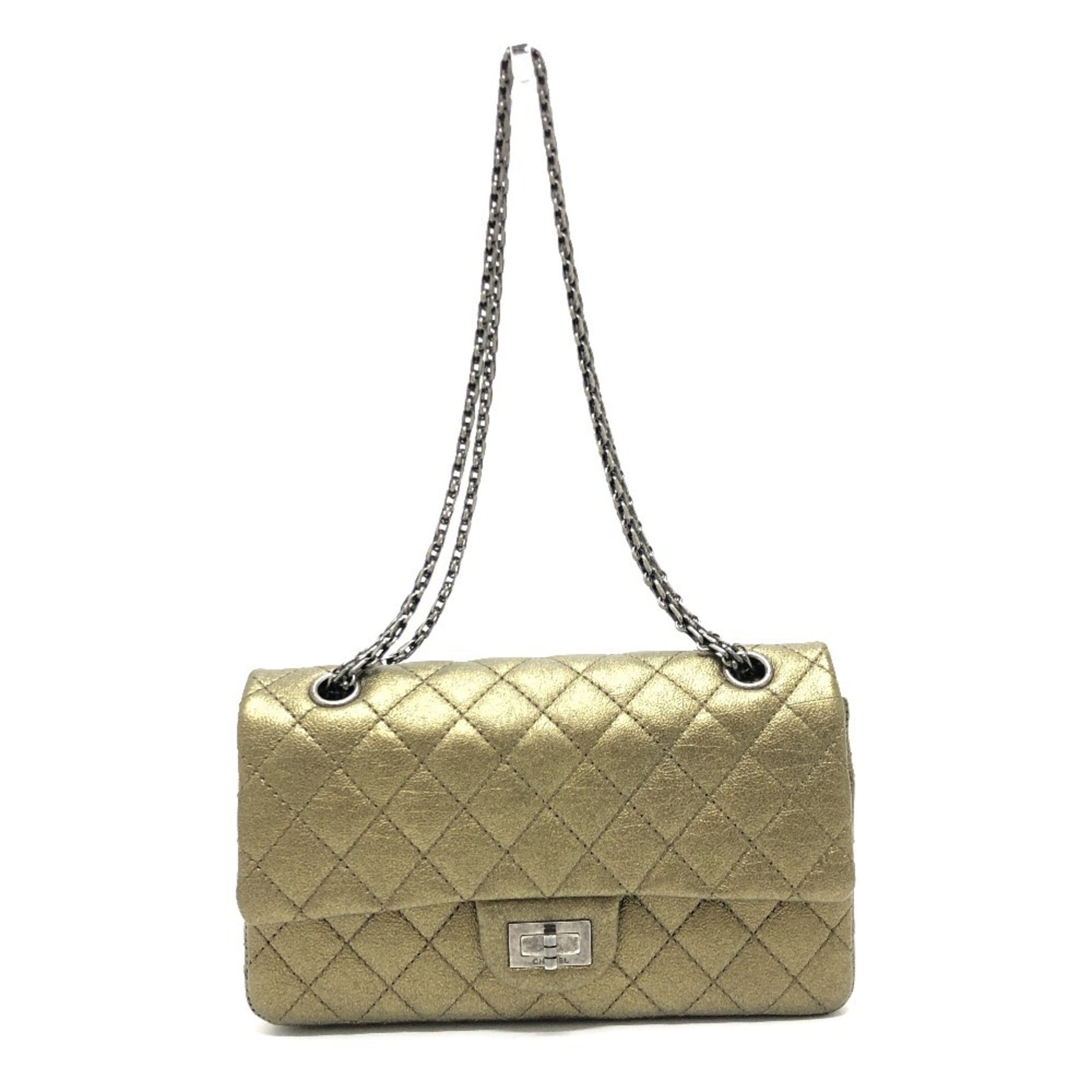 CHANEL 2.55 hardware Matelasse quilted bag W chain shoulder calfskin ladies gold