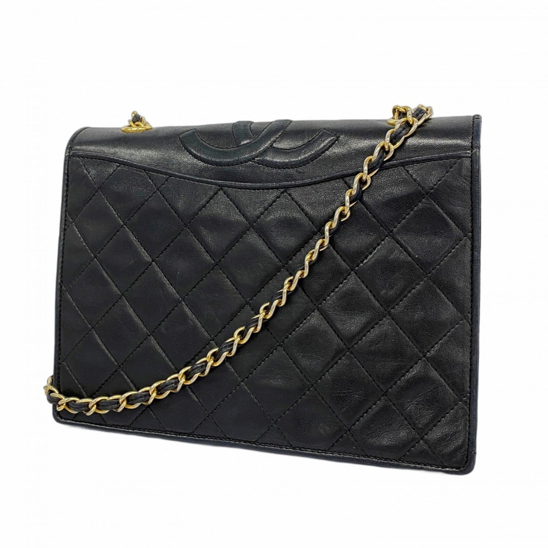 Chanel Matelasse Shoulder Bag with Chain Bag, Lambskin, Black, Women's