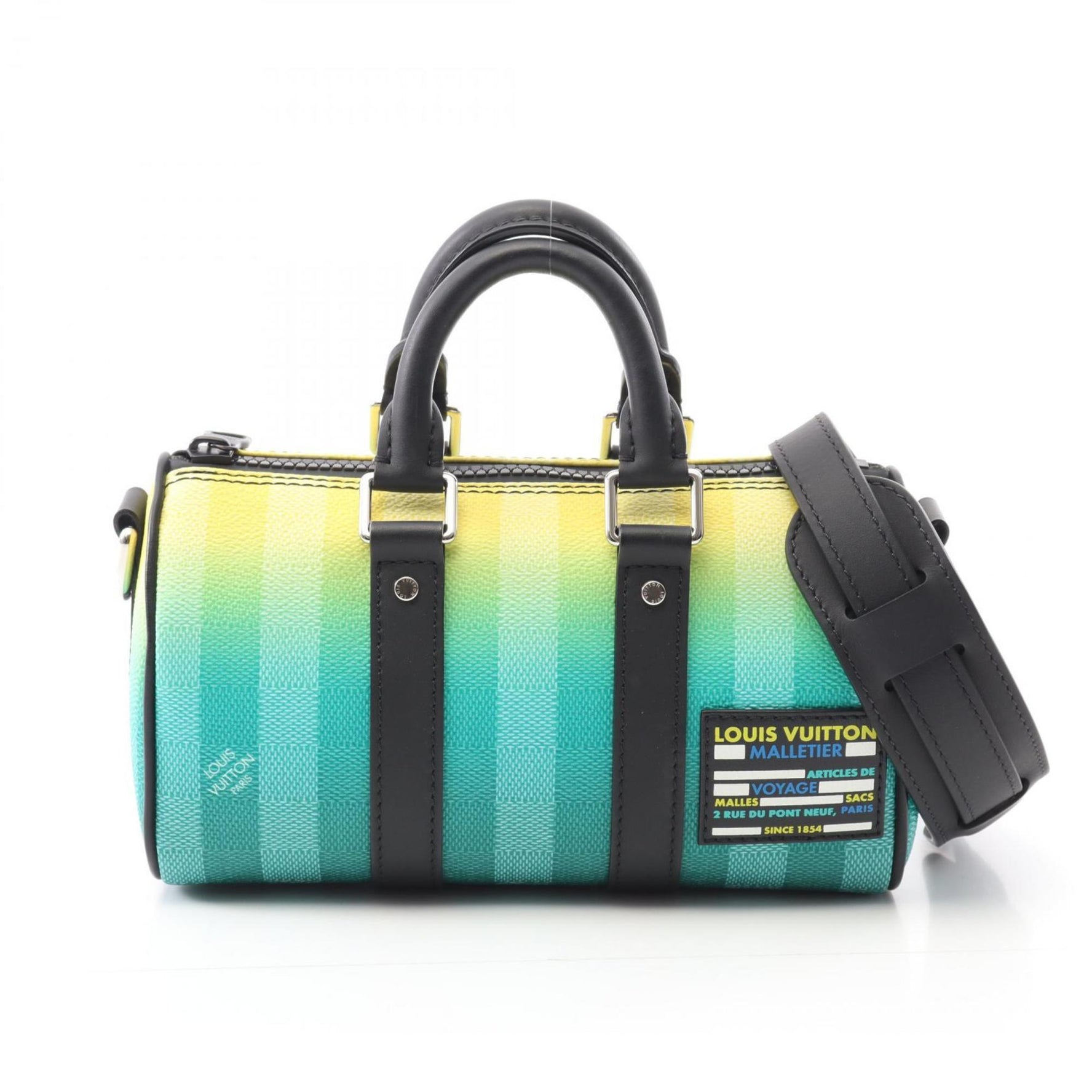 Louis Vuitton Keepall XS Handbag, Coated Canvas and Leather with Damier Stripes, Green, Yellow, Black