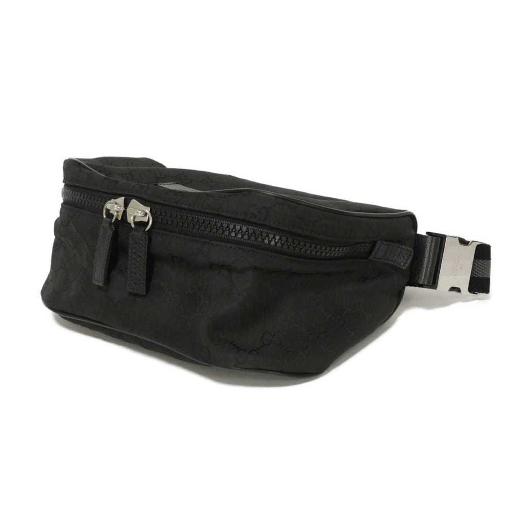 Gucci GG nylon waist pouch with leather patch, gray embossed shoulder bag, bag