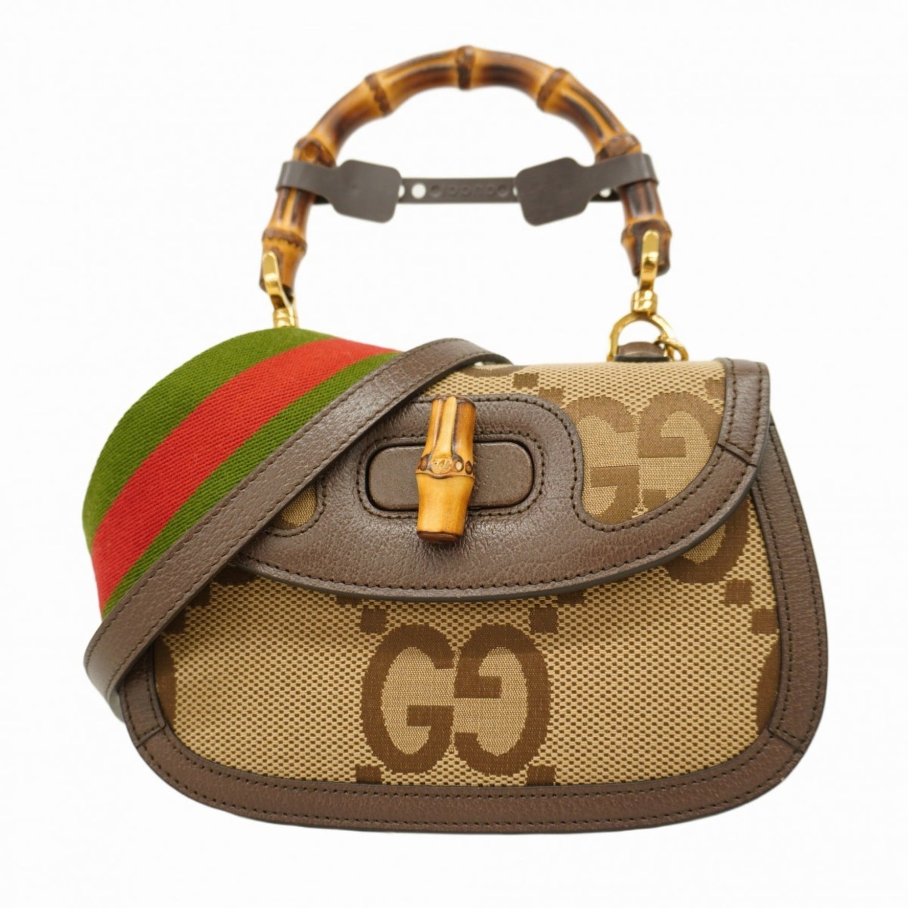 Gucci Bamboo Jumbo GG Handbag Canvas Leather Beige Brown Bag