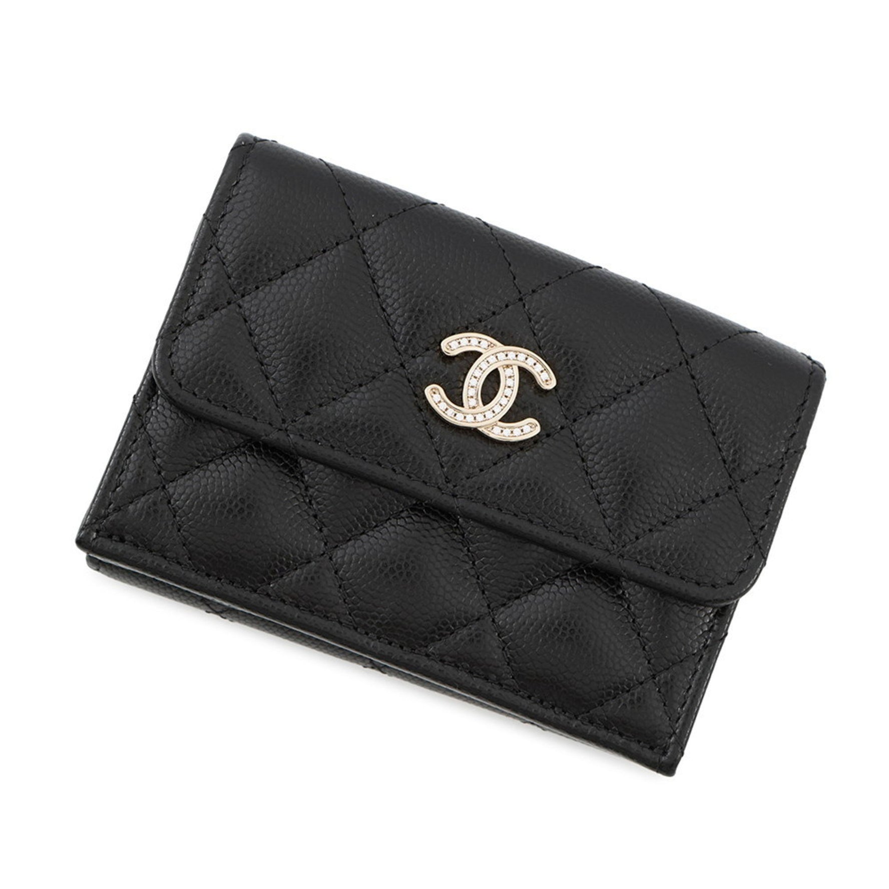 CHANEL Matelasse Coco Mark Small Flap Tri-fold Wallet with Caviar Leather and Rhinestones, Black, AP3518