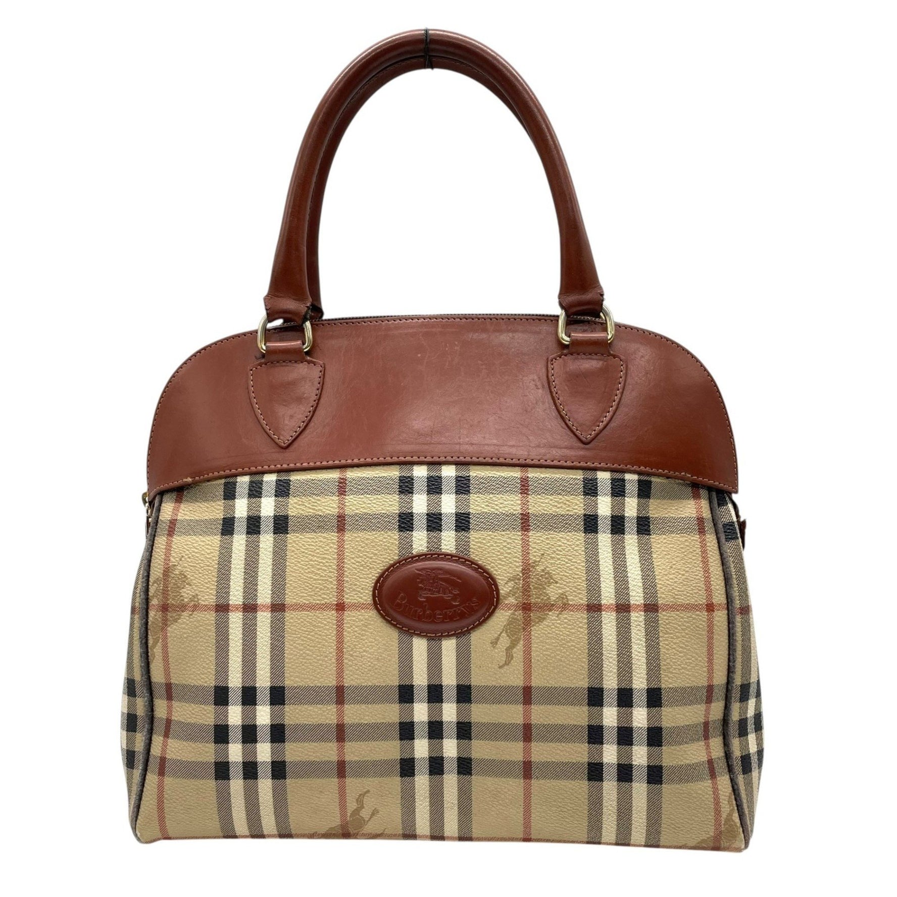 BURBERRY Nova Check Shadow Horse Handbag in Brown and Beige Leather with Gold Hardware