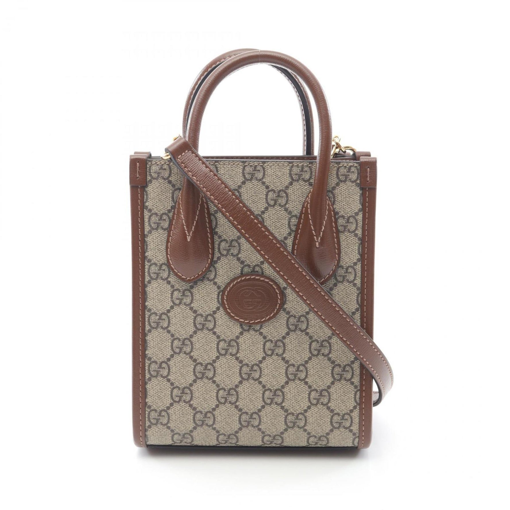 GUCCI Interlocking G Mini Tote Bag Handbag Coated Canvas Leather Beige Brown