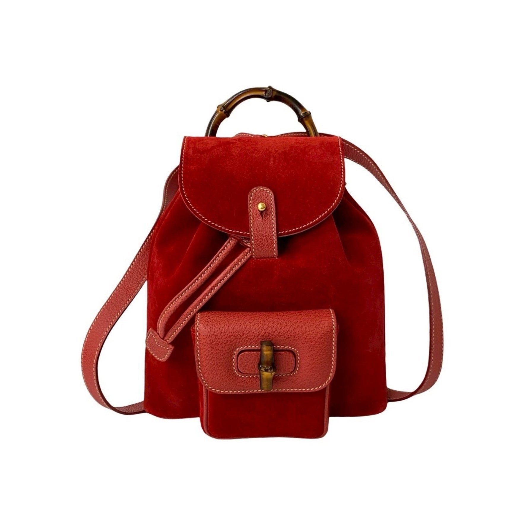 GUCCI Old Gucci Bamboo Drawstring Suede and Leather Backpack in Red (g111d)