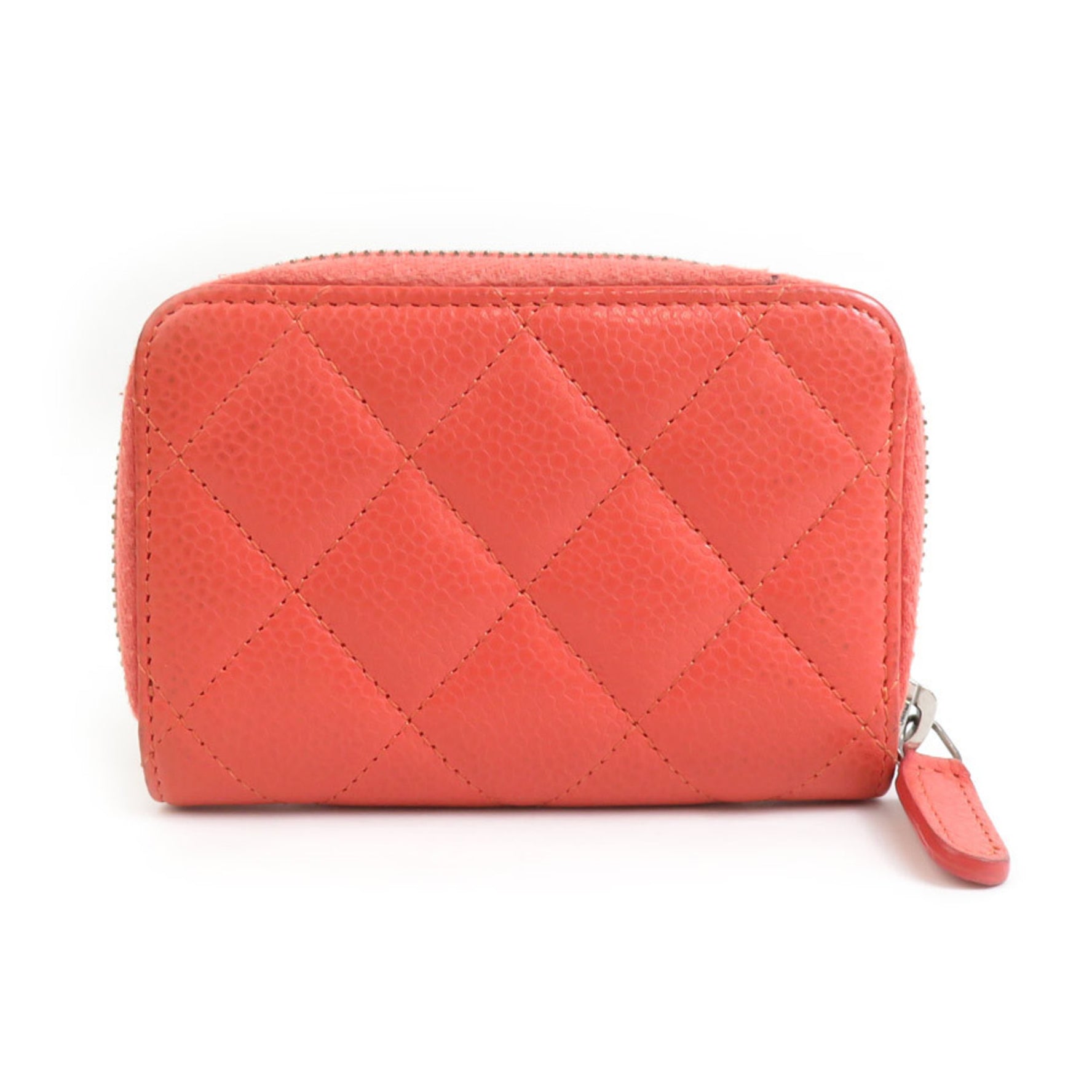 CHANEL Card Case/Business Holder Wallet/Coin Case Coco Mark Caviar Skin Leather Coral Silver