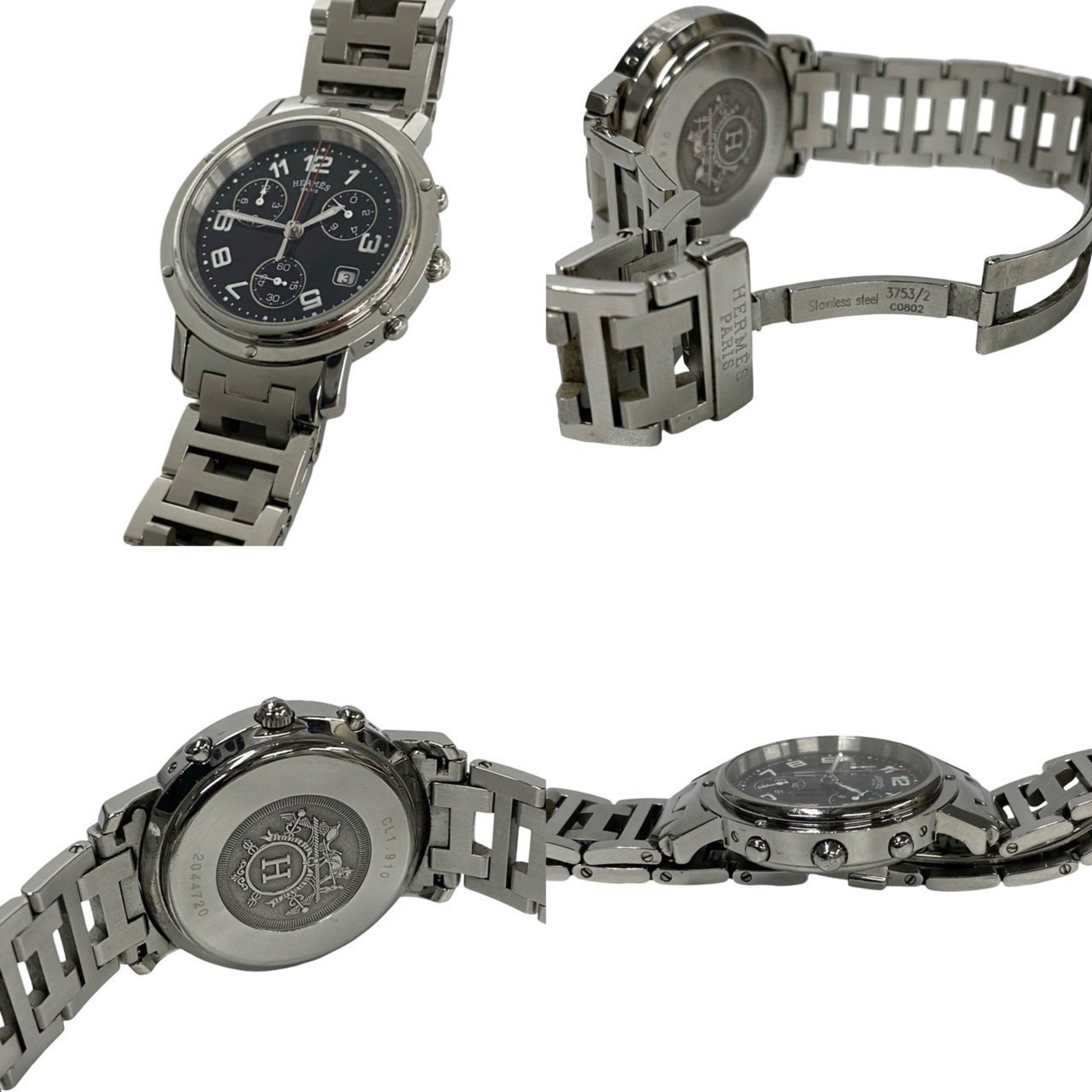 HERMES Clipper Stainless Steel Quartz Watch for Men, Silver and Black,
