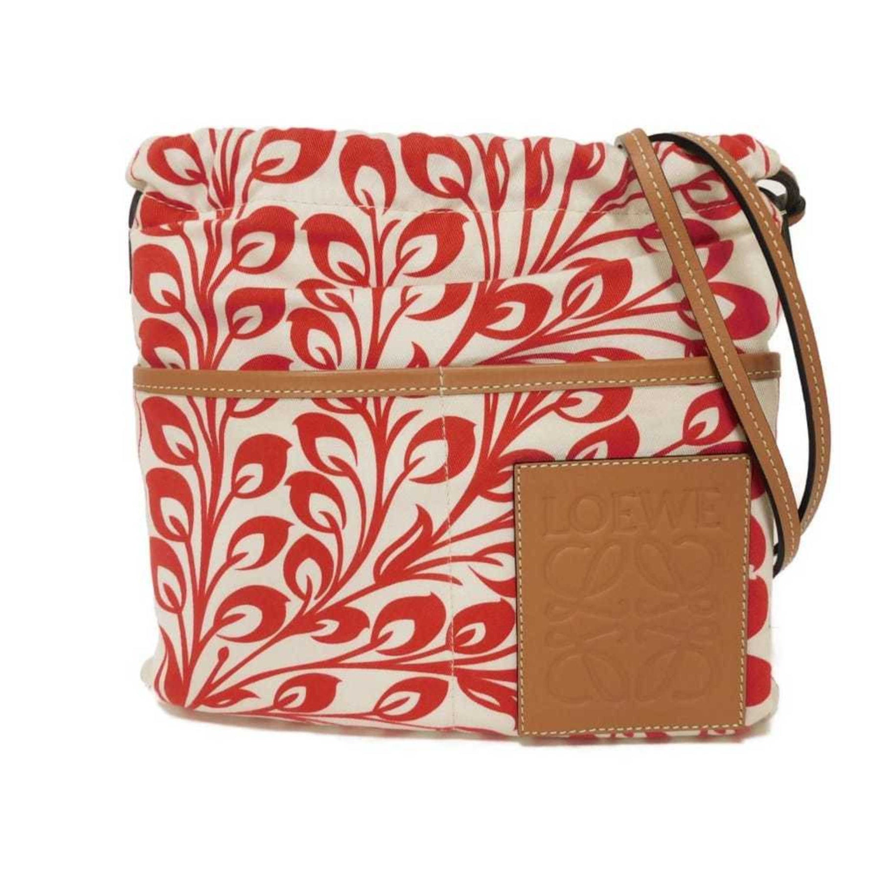 LOEWE Shoulder Bag Drawstring Pochette Anagram Bird Frog Red William de Morgan Natural Men's