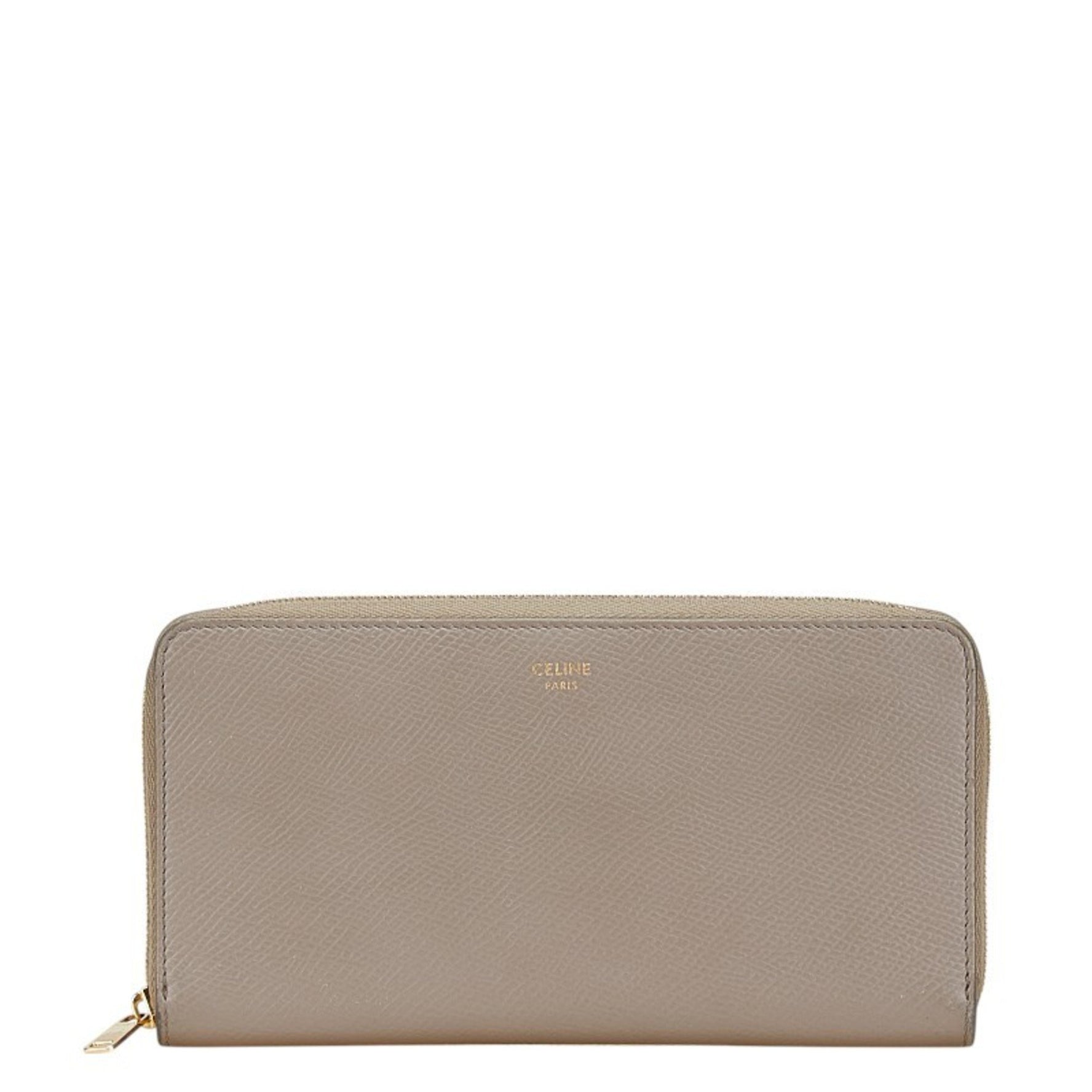 Celine round zipper long wallet in greige and beige leather .