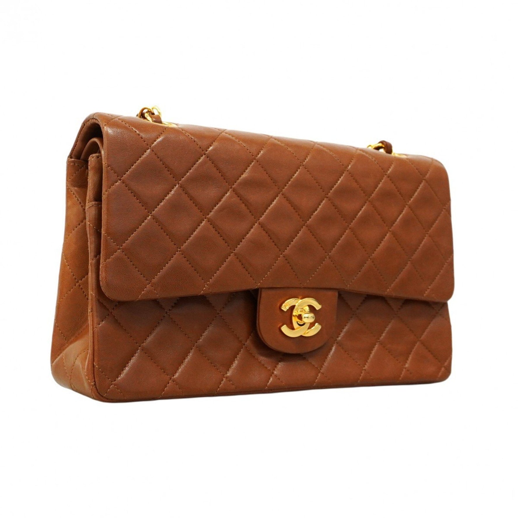 Chanel Matelasse Shoulder Bag with Double Flap and Chain, Lambskin, Brown, Women's